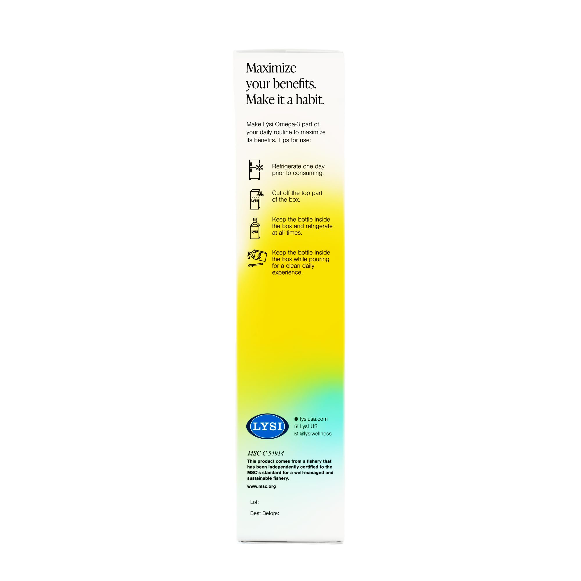 LYSI Cod Liver Oil bottle showing dosage instructions