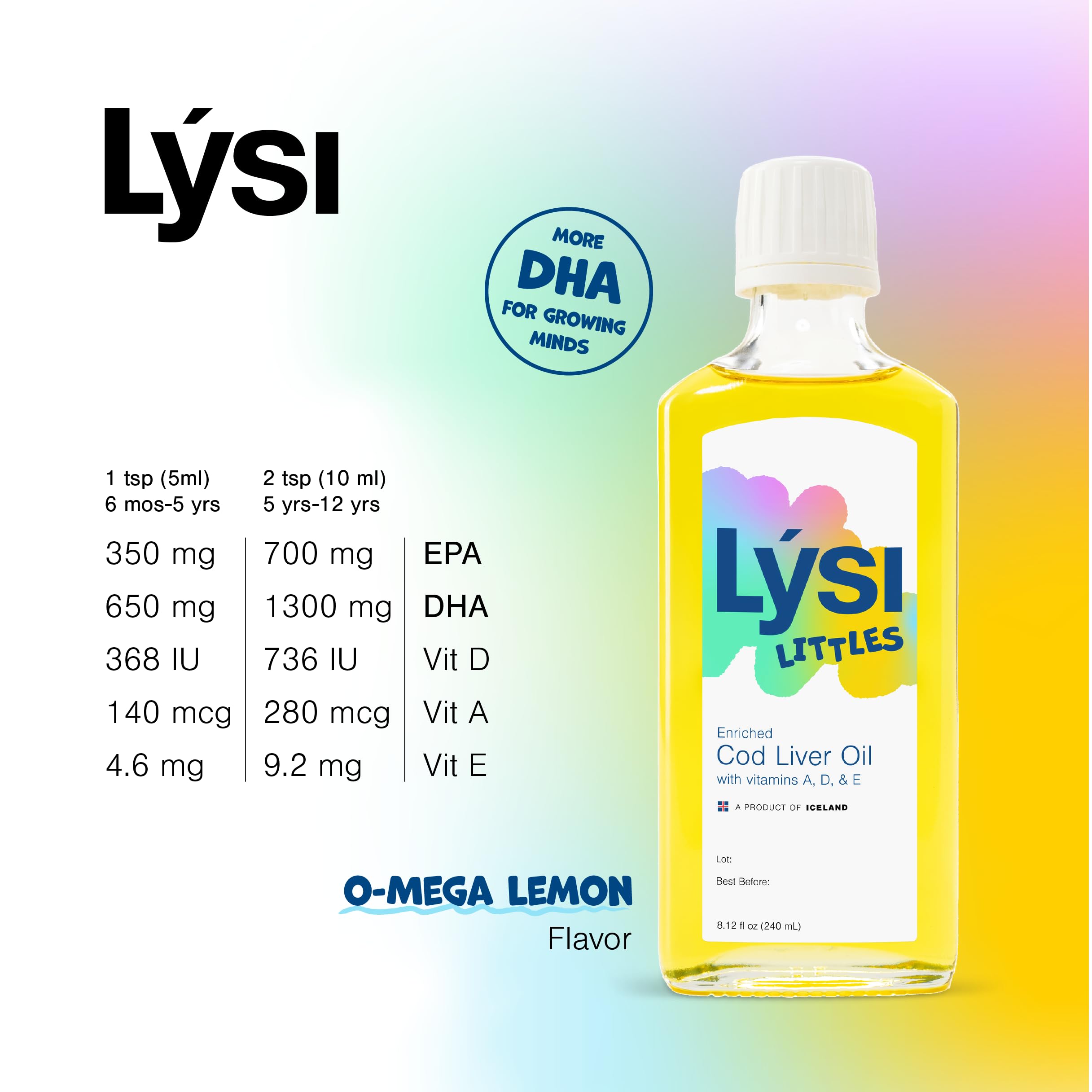 LYSI Cod Liver Oil for Kids bottle back view with nutritional information