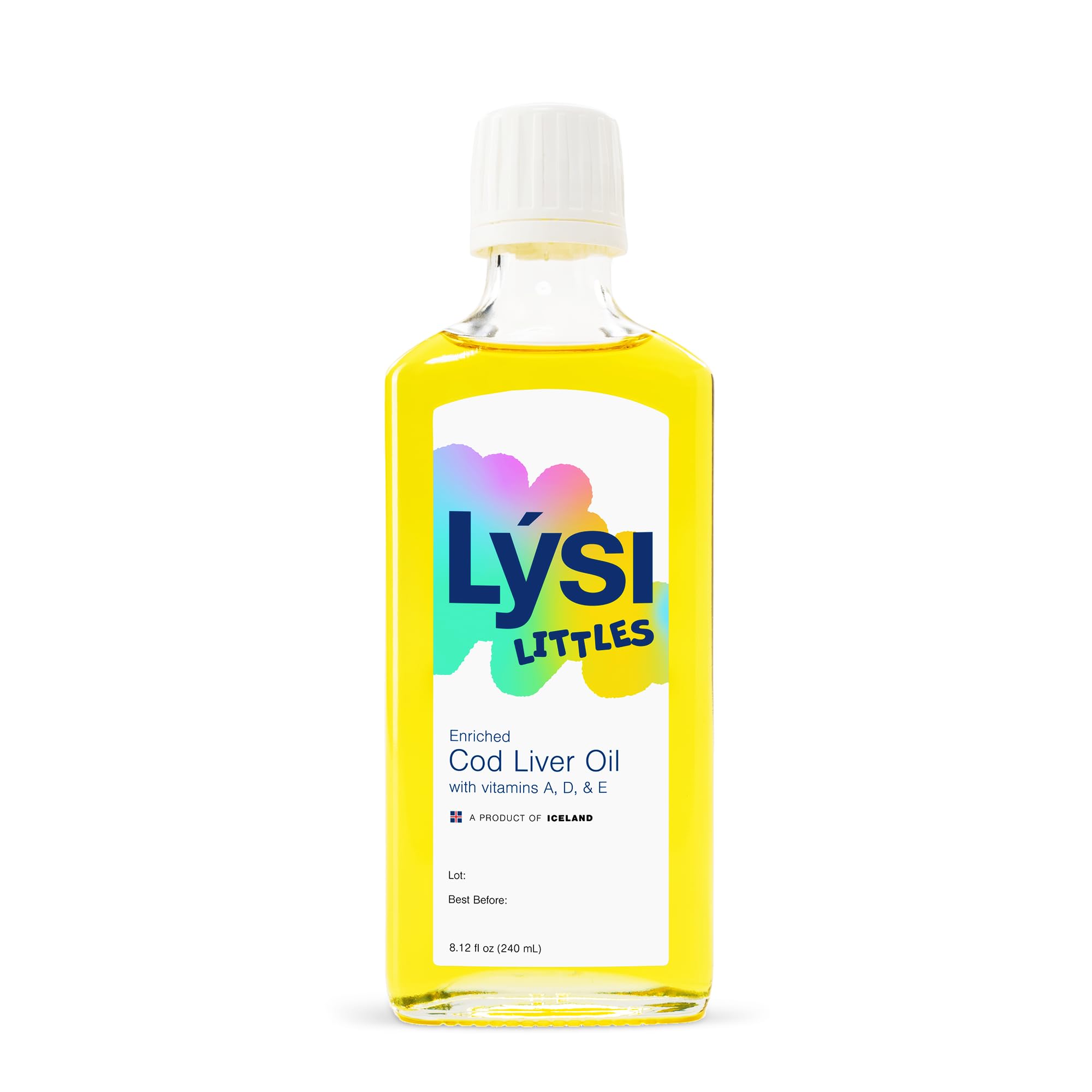 LYSI Cod Liver Oil for Kids bottle side view showing dosage
