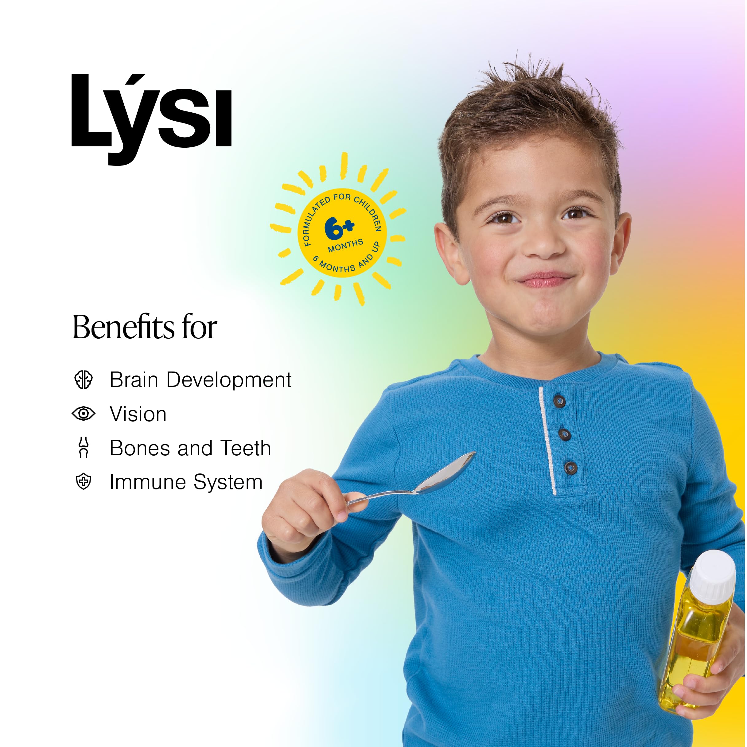 LYSI Cod Liver Oil for Kids bottle with measuring spoon
