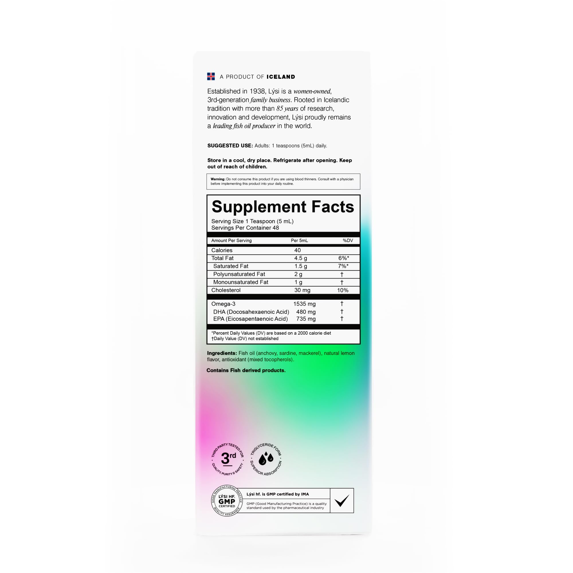LYSI Omega-3 Fish Oil Liquid nutritional information