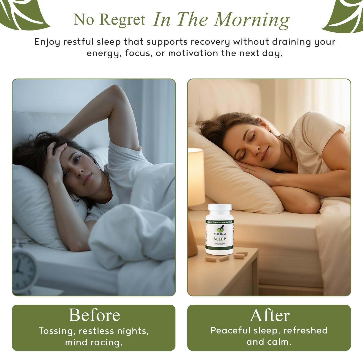 M.D. Blend Sleep Supplement with a glass of water
