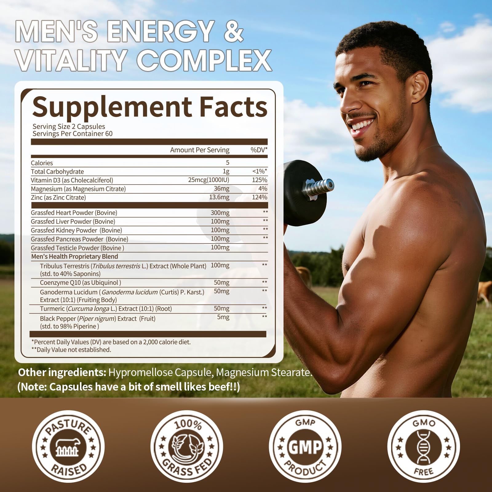 M inch Beef Organ Supplement 13-in-1 for Men capsules close-up