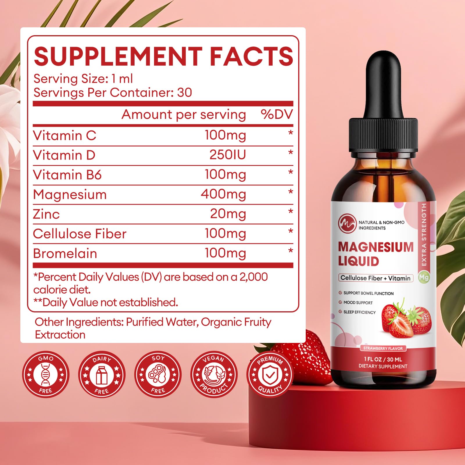 M inch Liquid Magnesium Glycinate Drops strawberry flavour label close-up