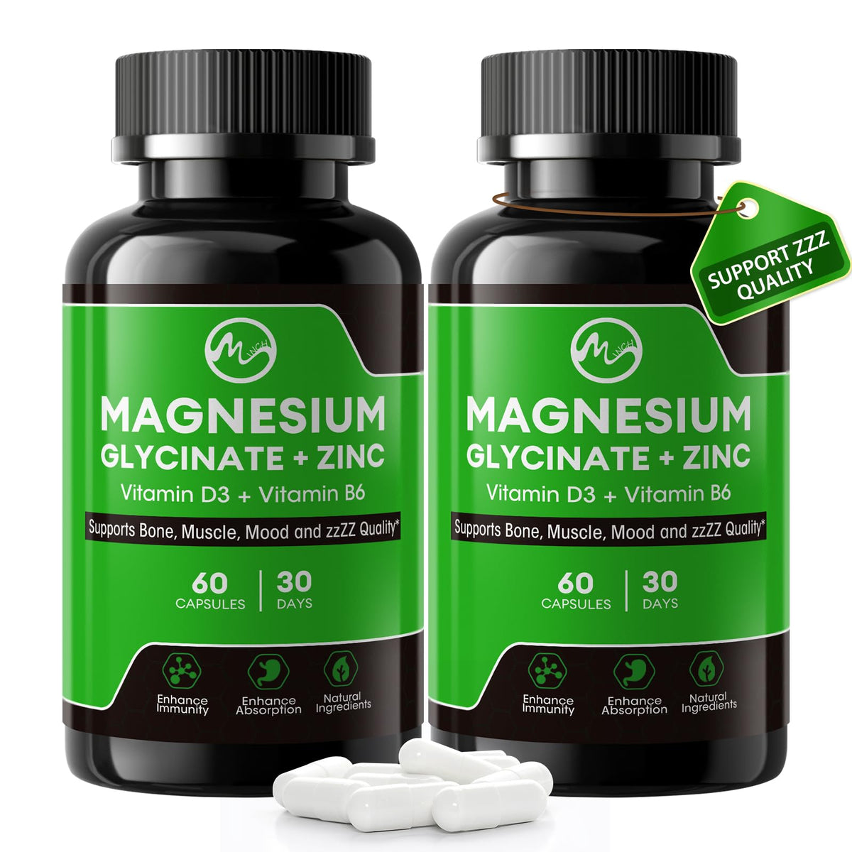 M inch Magnesium Glycinate Supplement 120 capsules front view