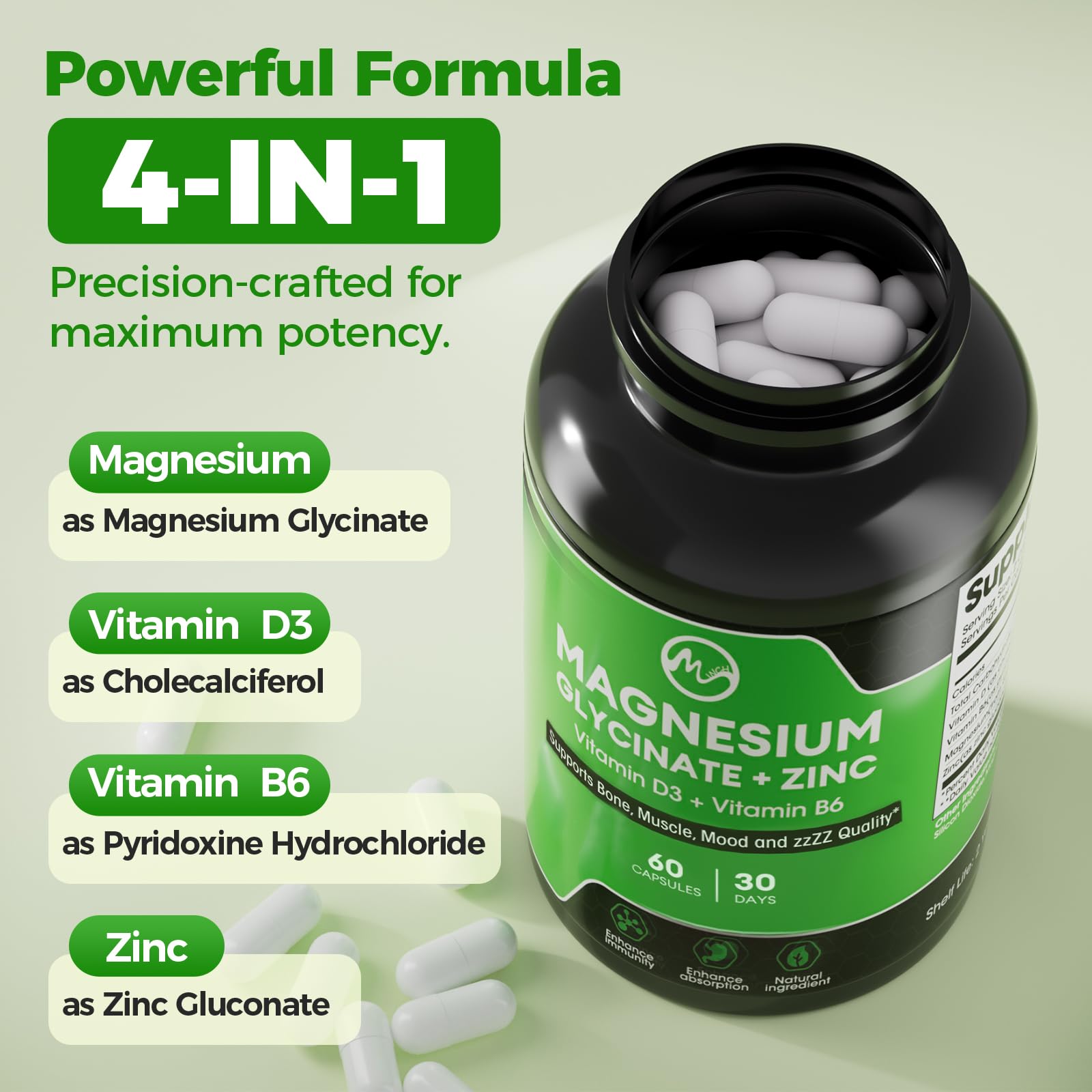 M inch Magnesium Glycinate Supplement capsules in hand