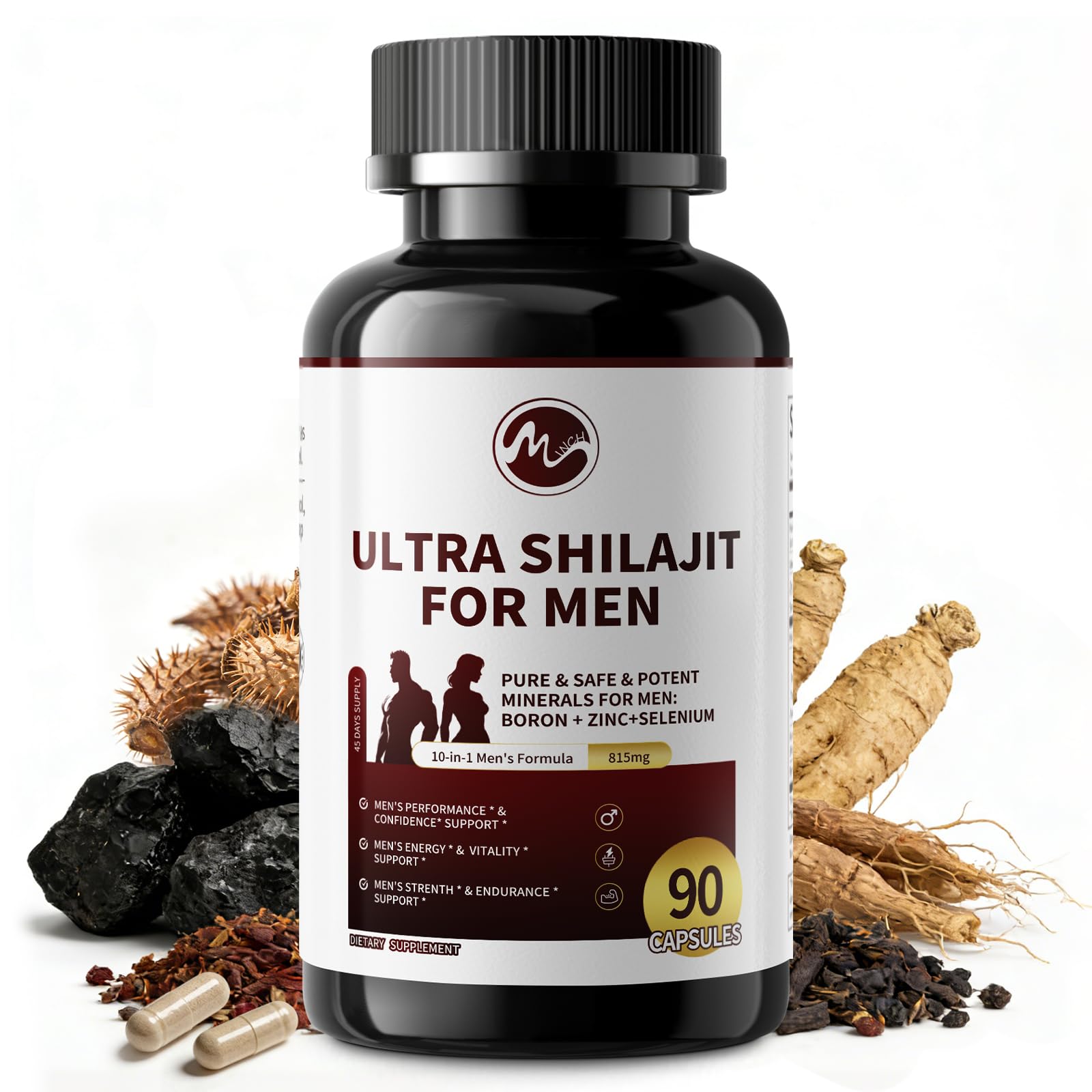 M inch Shilajit Capsules 750mg front view with packaging