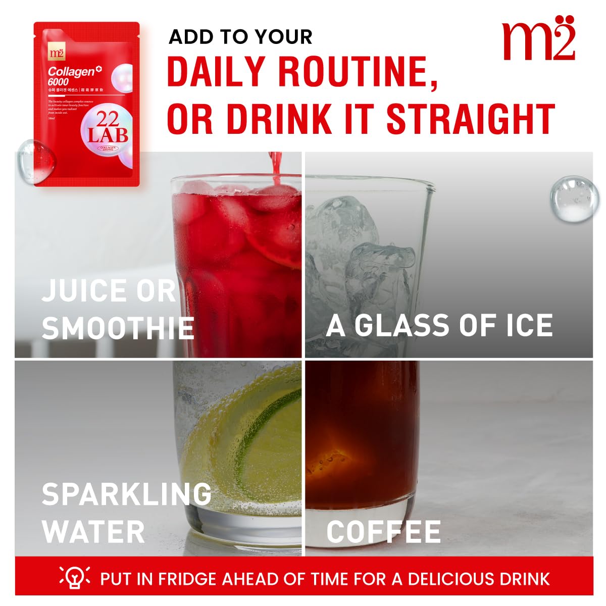 m2 Collagen Supplement with fresh fruits