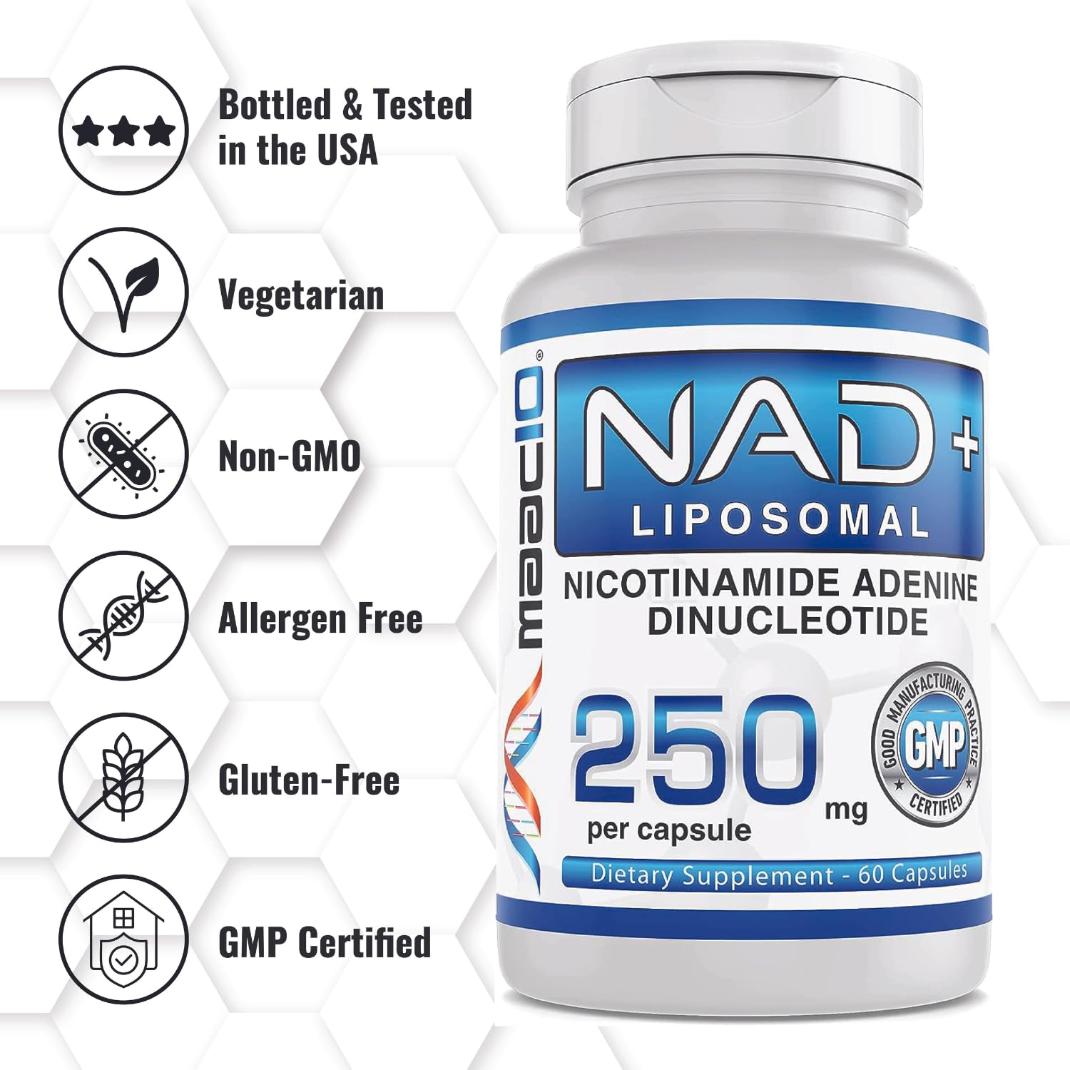 MAAC10 Liposomal NAD+ Capsules 250mg on a wooden table