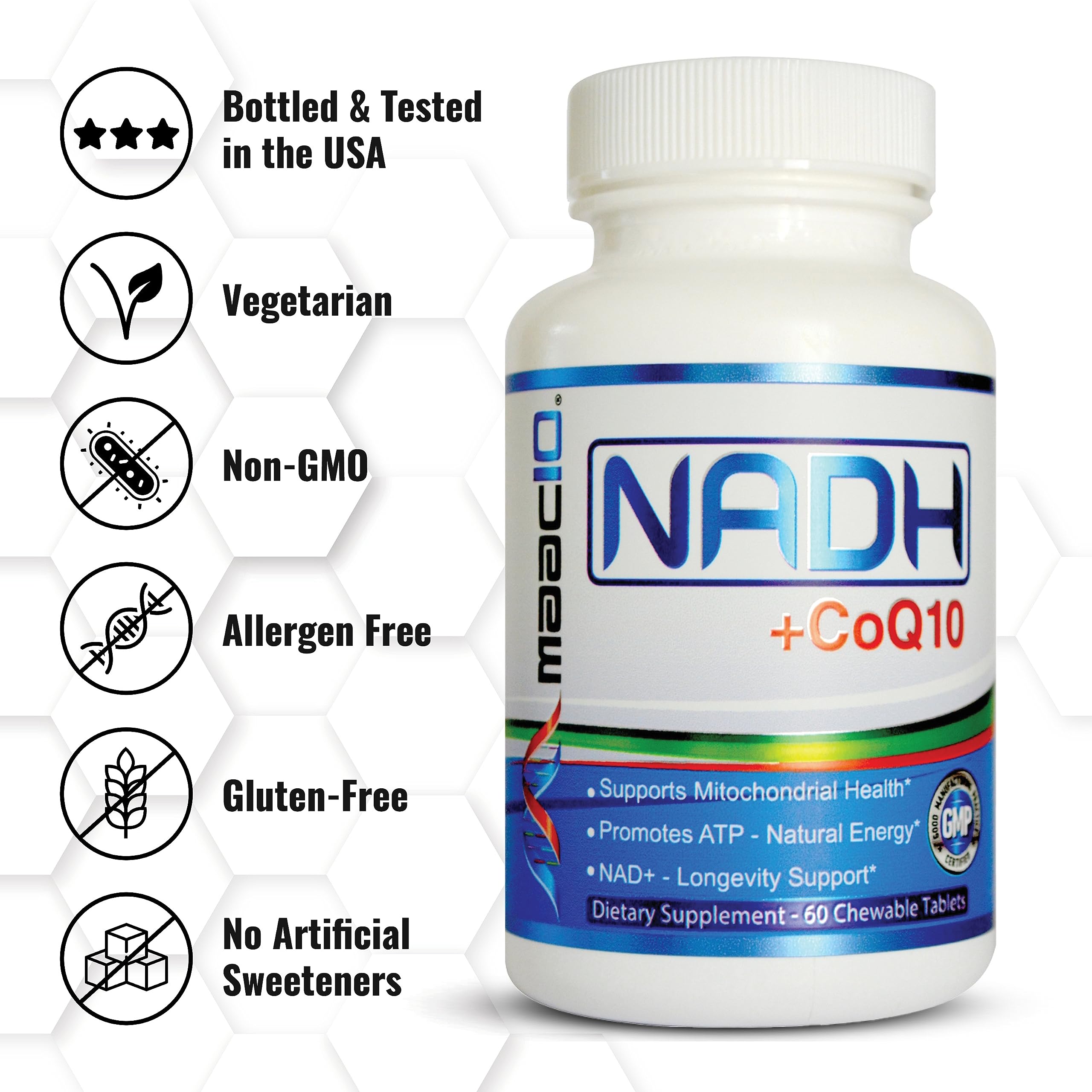 MAAC10 NADH + CoQ10 chewable tablets on a kitchen counter