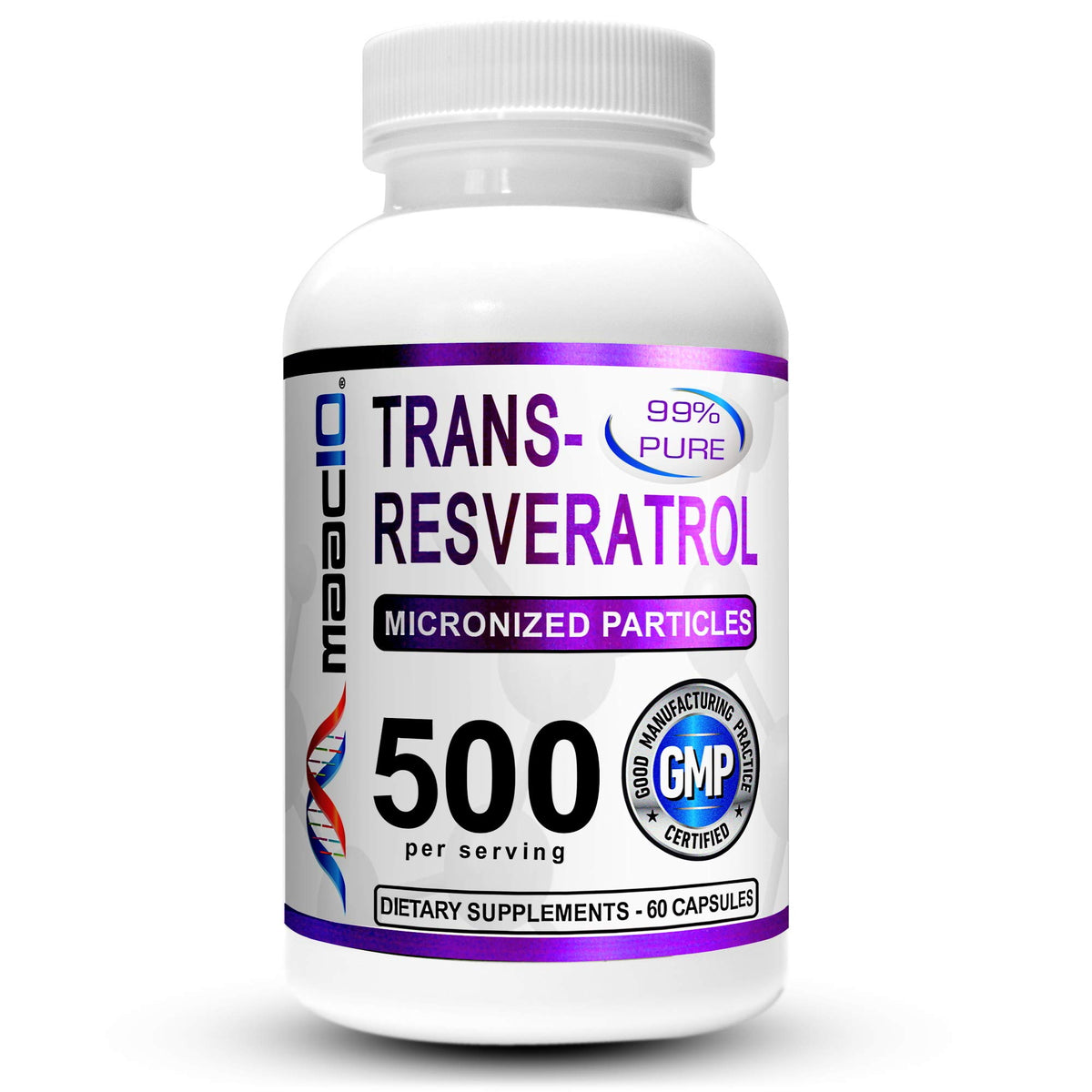 MAAC10 Trans-Resveratrol 99% Pure 500mg capsules front view