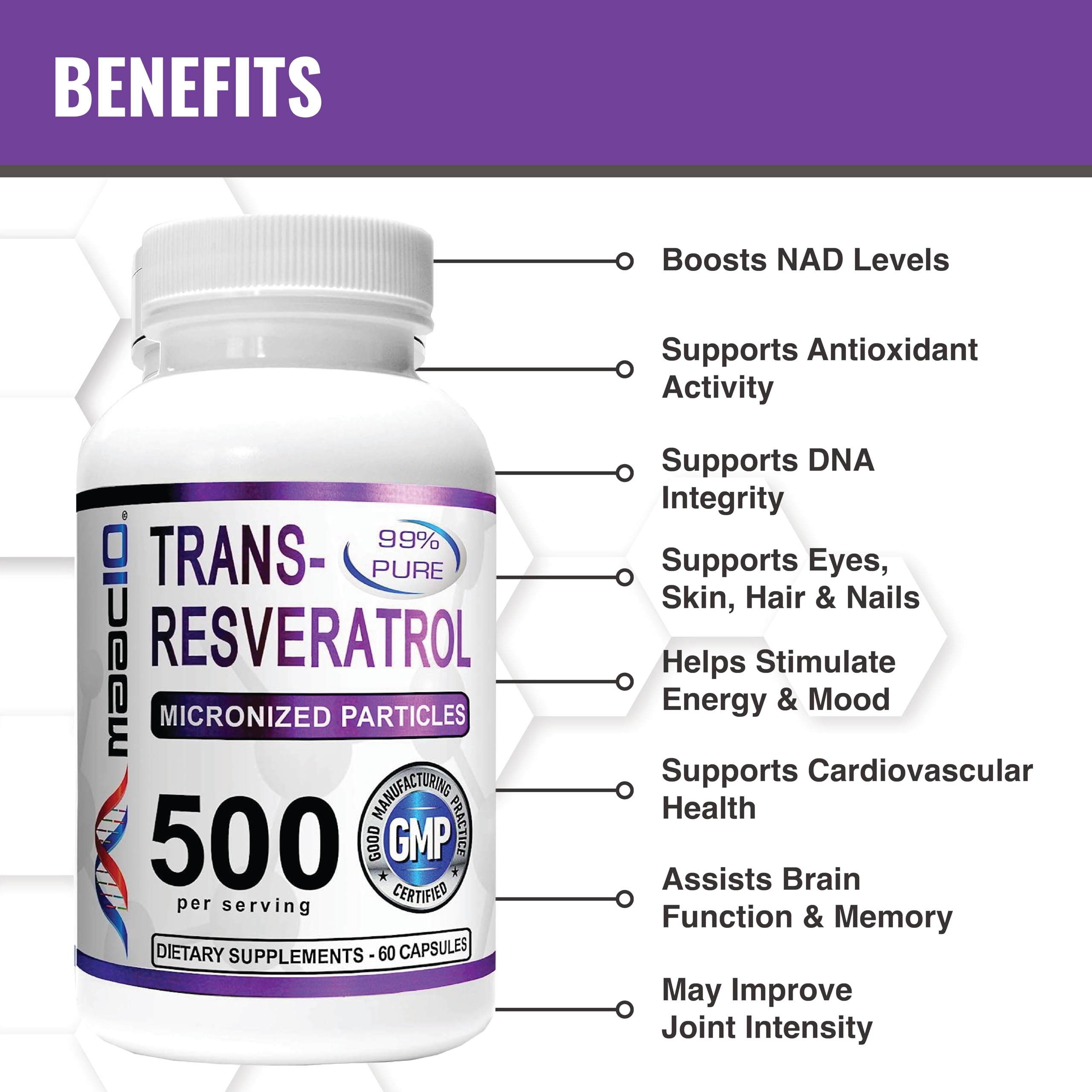 MAAC10 Trans-Resveratrol bottle with 60 capsules