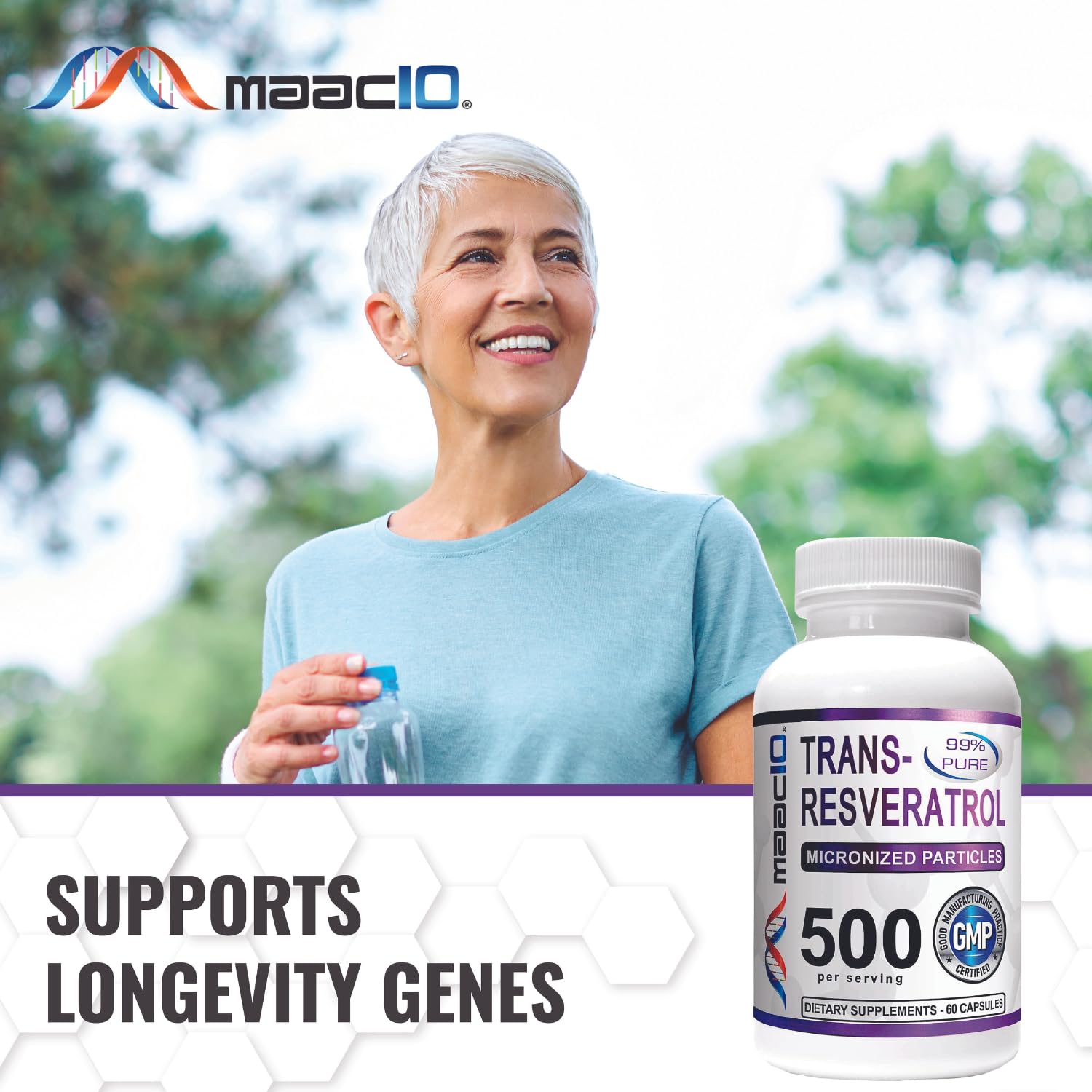 MAAC10 Trans-Resveratrol bottle with BioPerine information