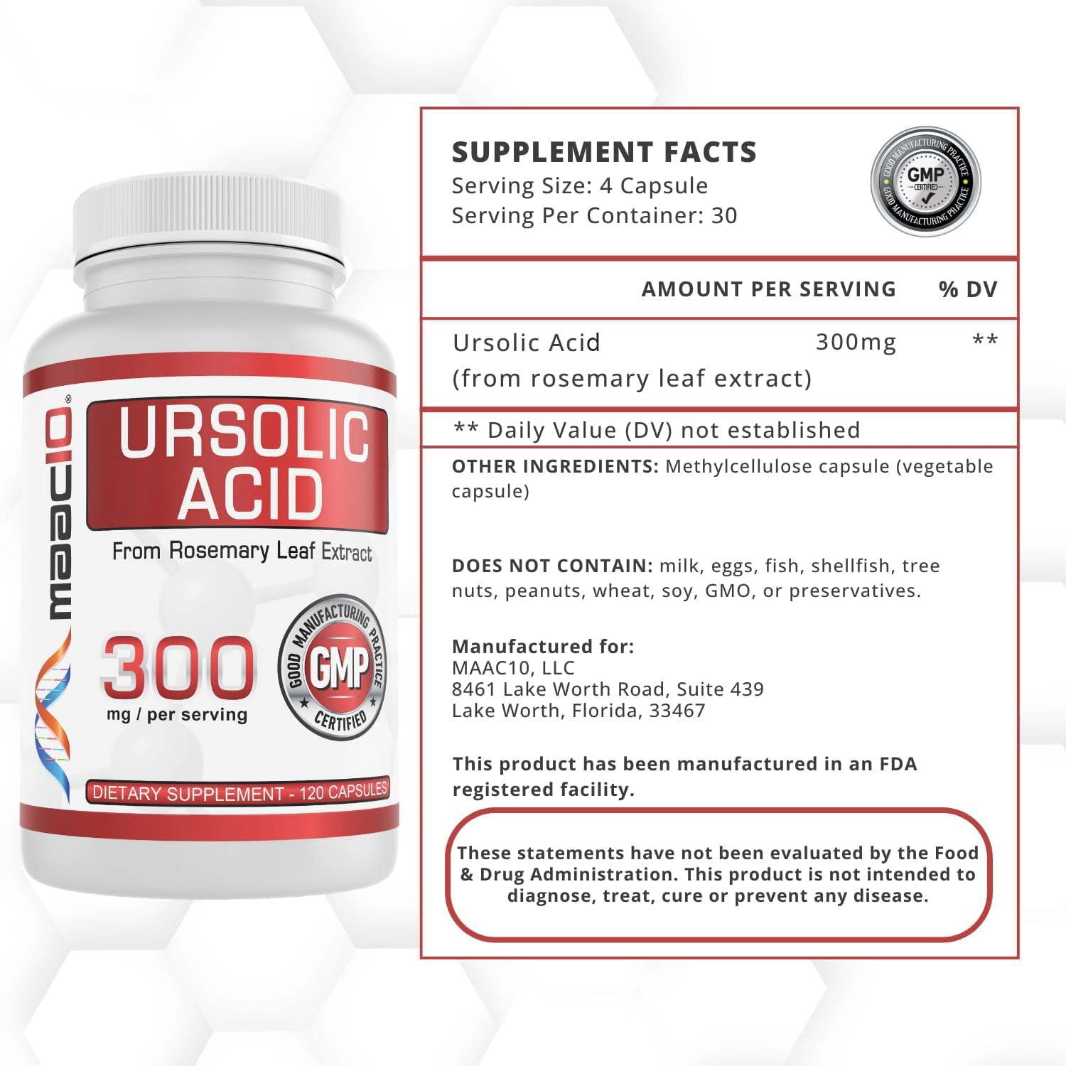 MAAC10 Ursolic Acid Capsules displayed with rosemary leaves