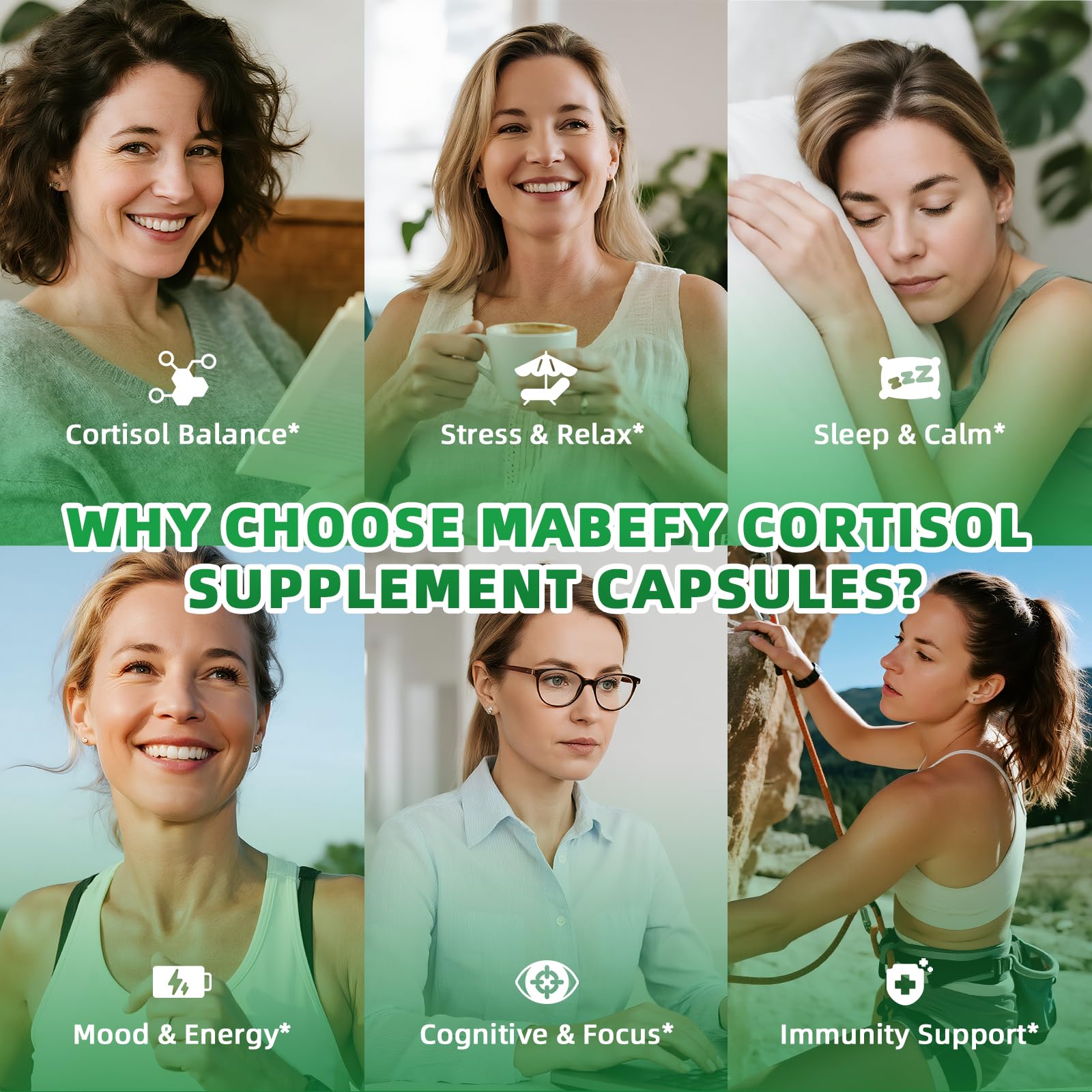 MABEFY Cortisol Supplements with background of natural ingredients