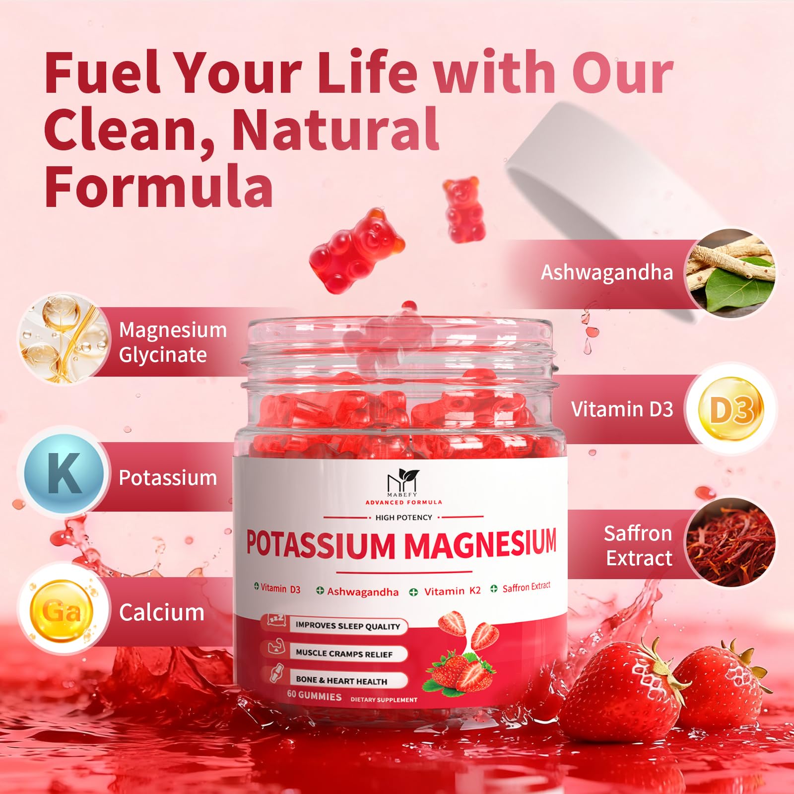 MABEFY Magnesium Potassium Gummies with fresh fruit background
