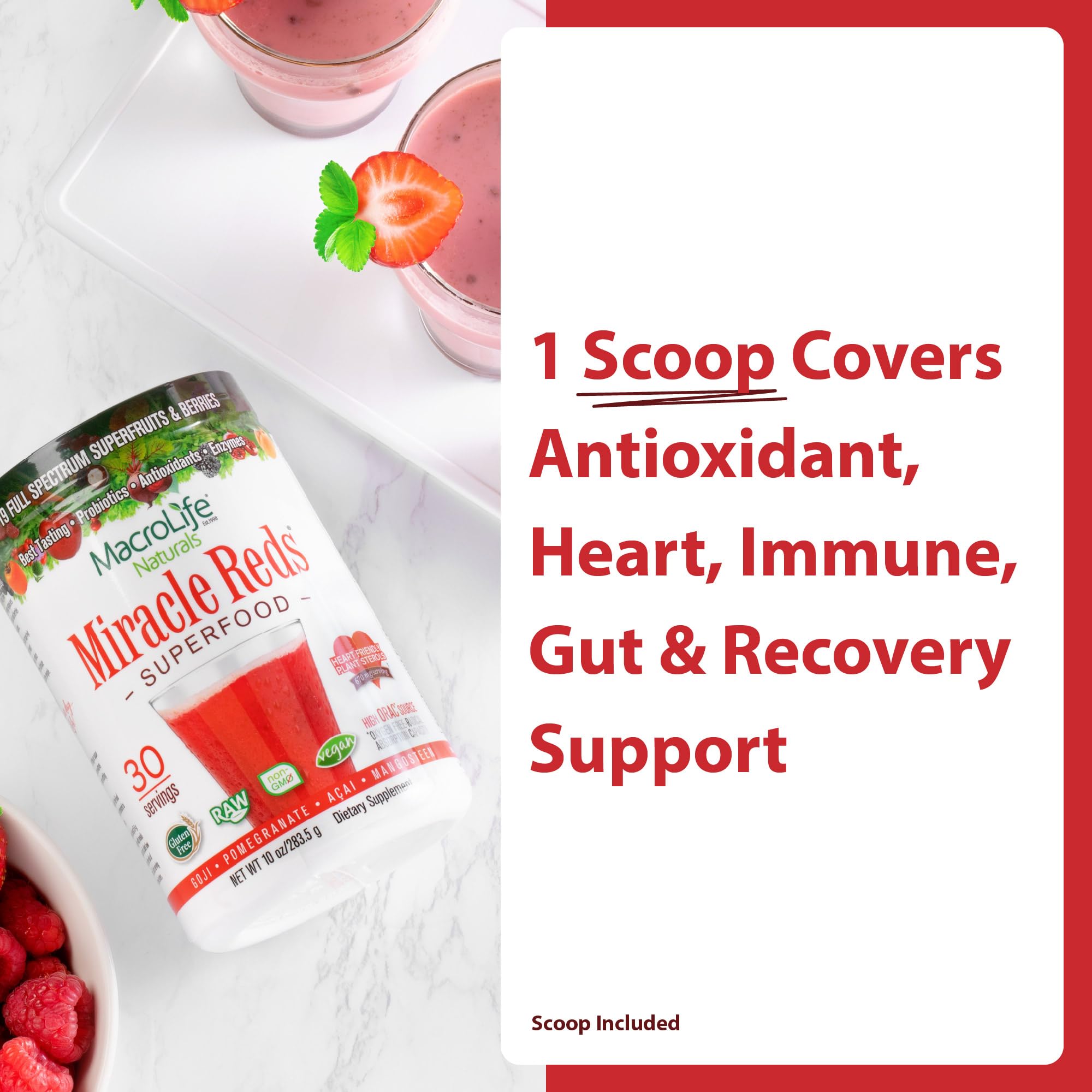 MacroLife Naturals Super Reds Powder 283g scoop and powder