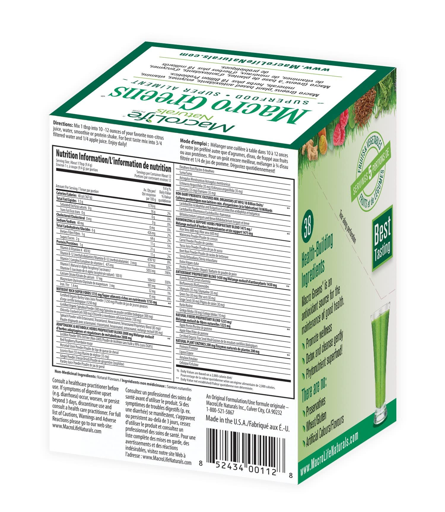 MacroLife Naturals Supergreens 38-IN-1 Supplement side view