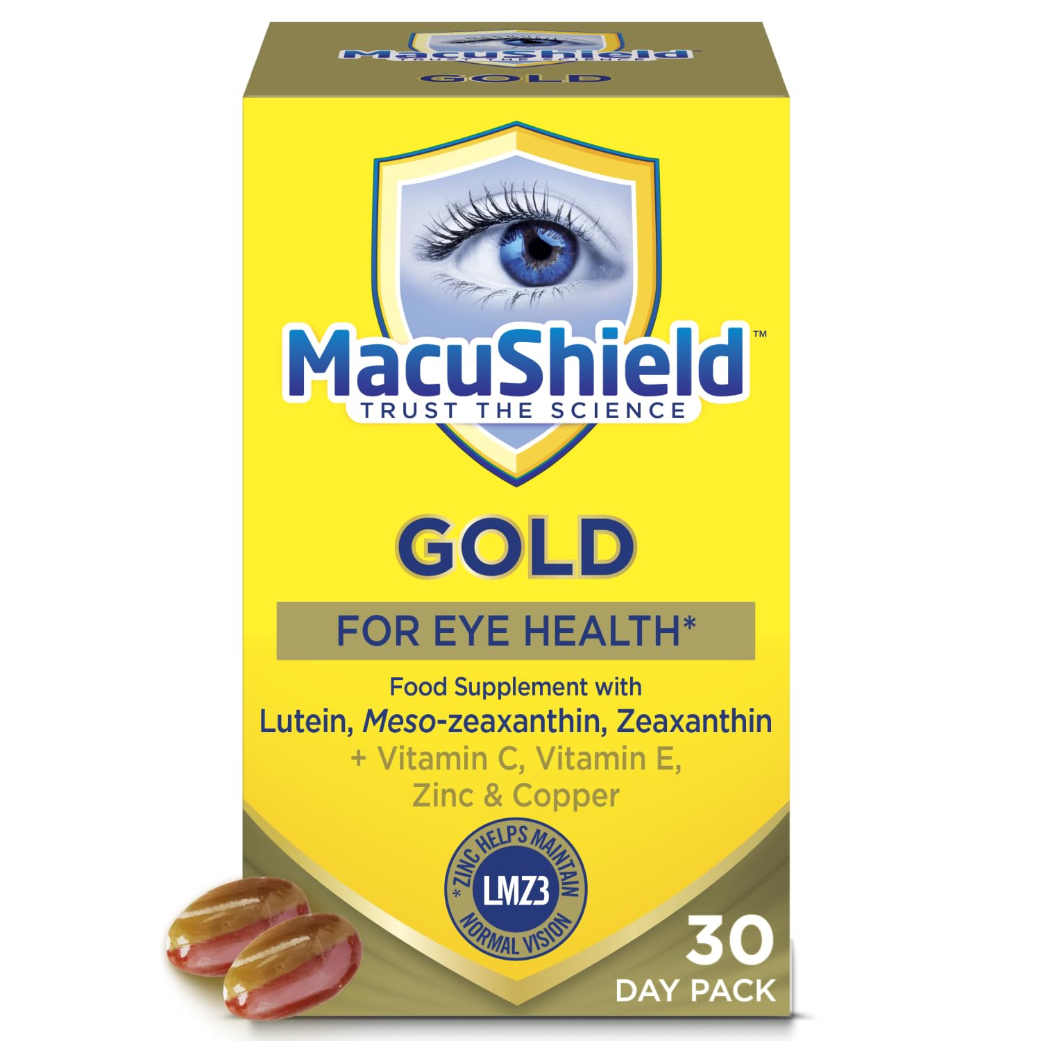 MacuShield Gold Eye Health Supplement 30 Soft Gel Capsules front view