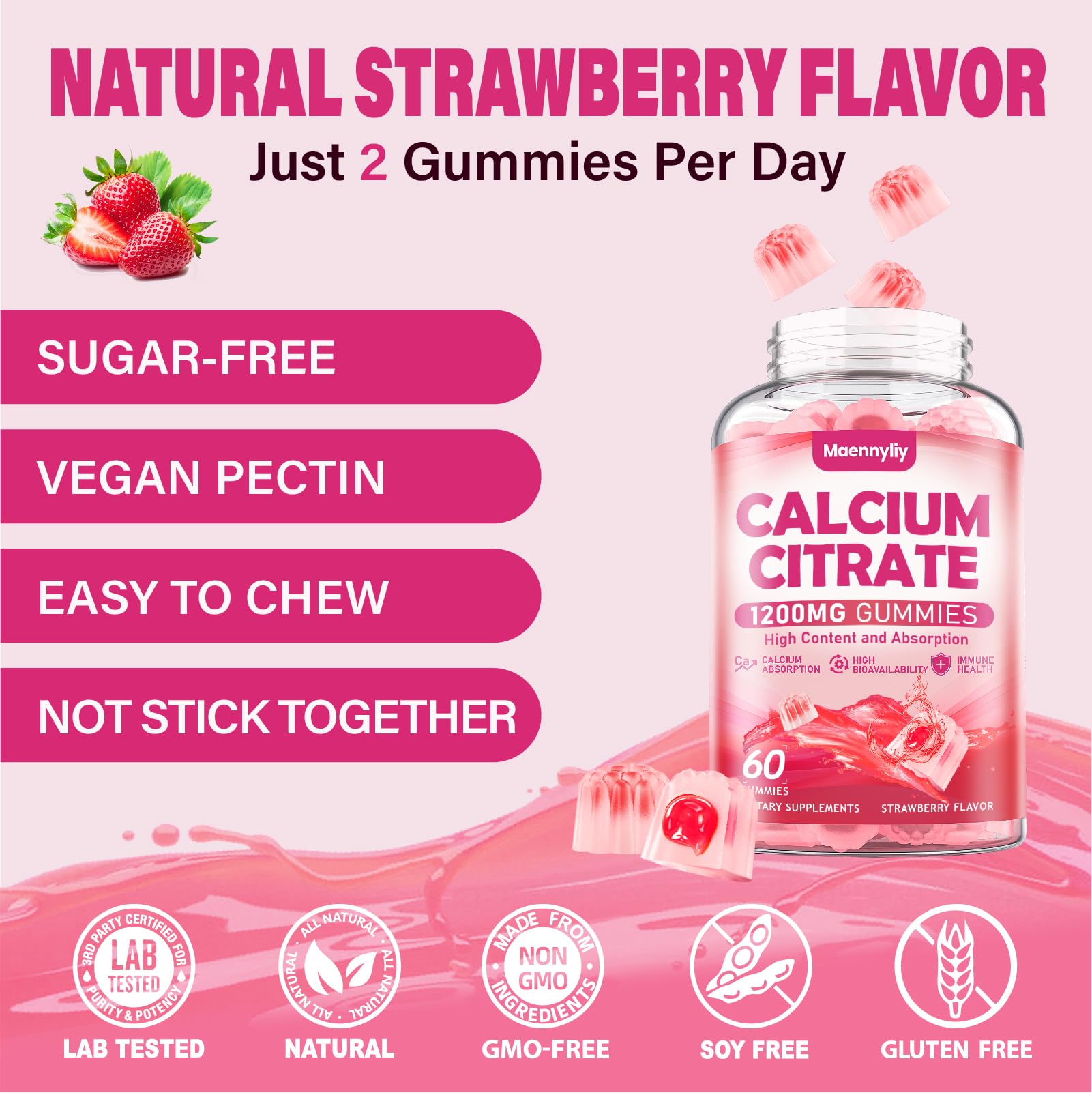 Maennyliy Calcium Citrate Gummies 1200mg back view with ingredients