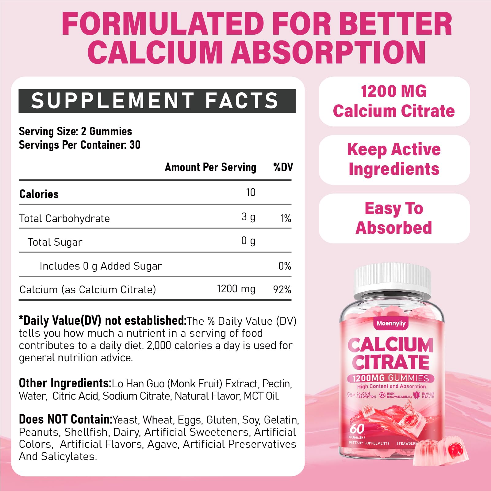Maennyliy Calcium Citrate Gummies 1200mg close-up of gummies