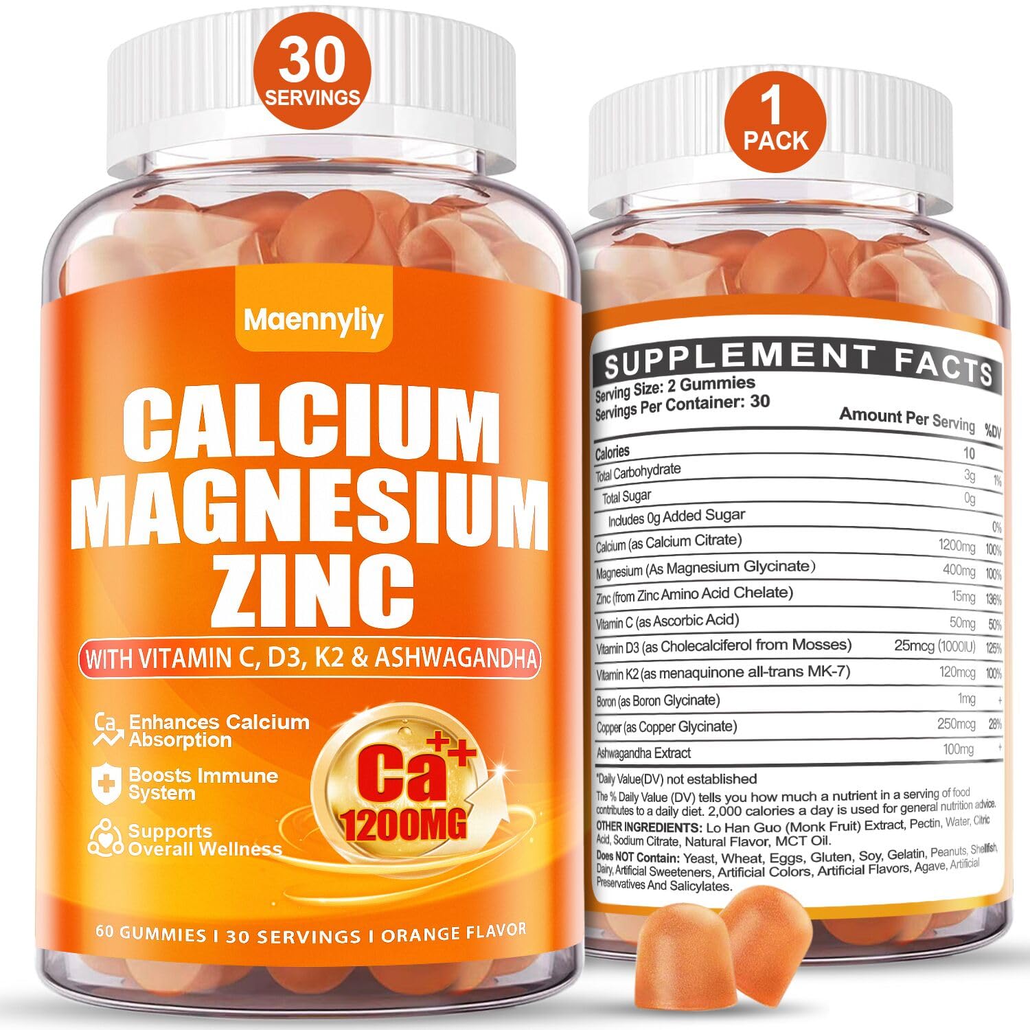 Maennyliy Calcium Magnesium Zinc Gummies front view with packaging