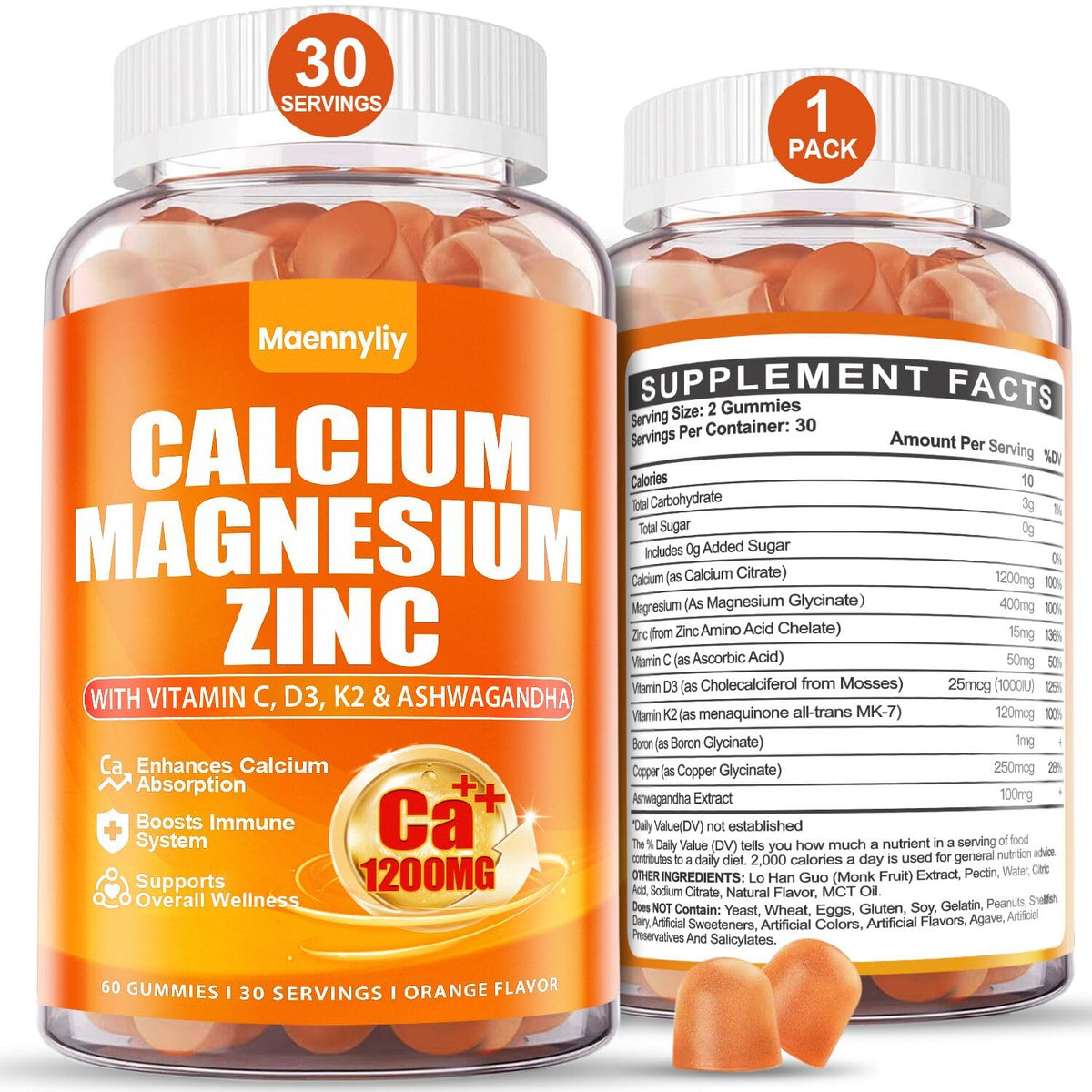 Maennyliy Calcium Magnesium Zinc Gummies front view with packaging