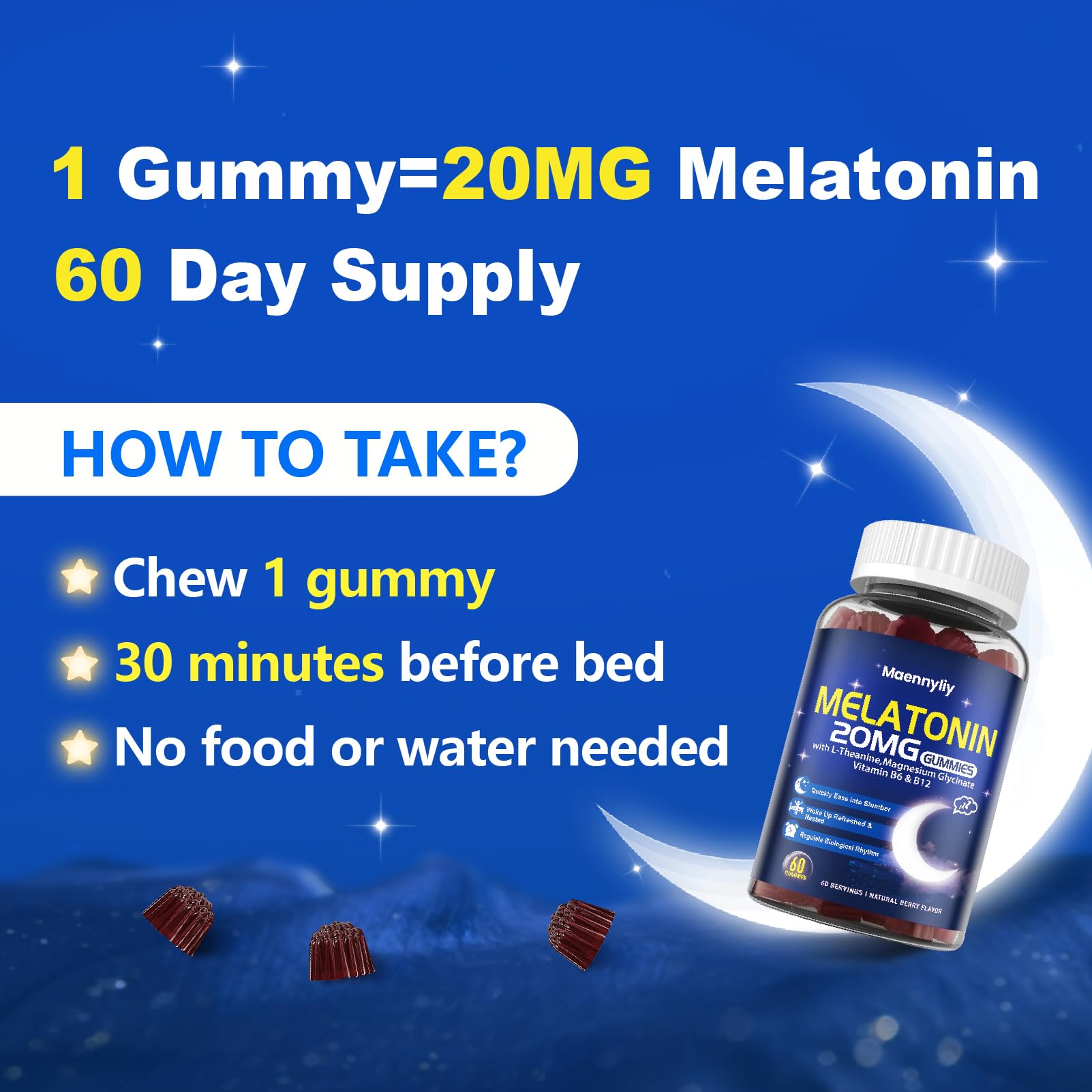Maennyliy Melatonin Gummies 20mg bottle with cap open