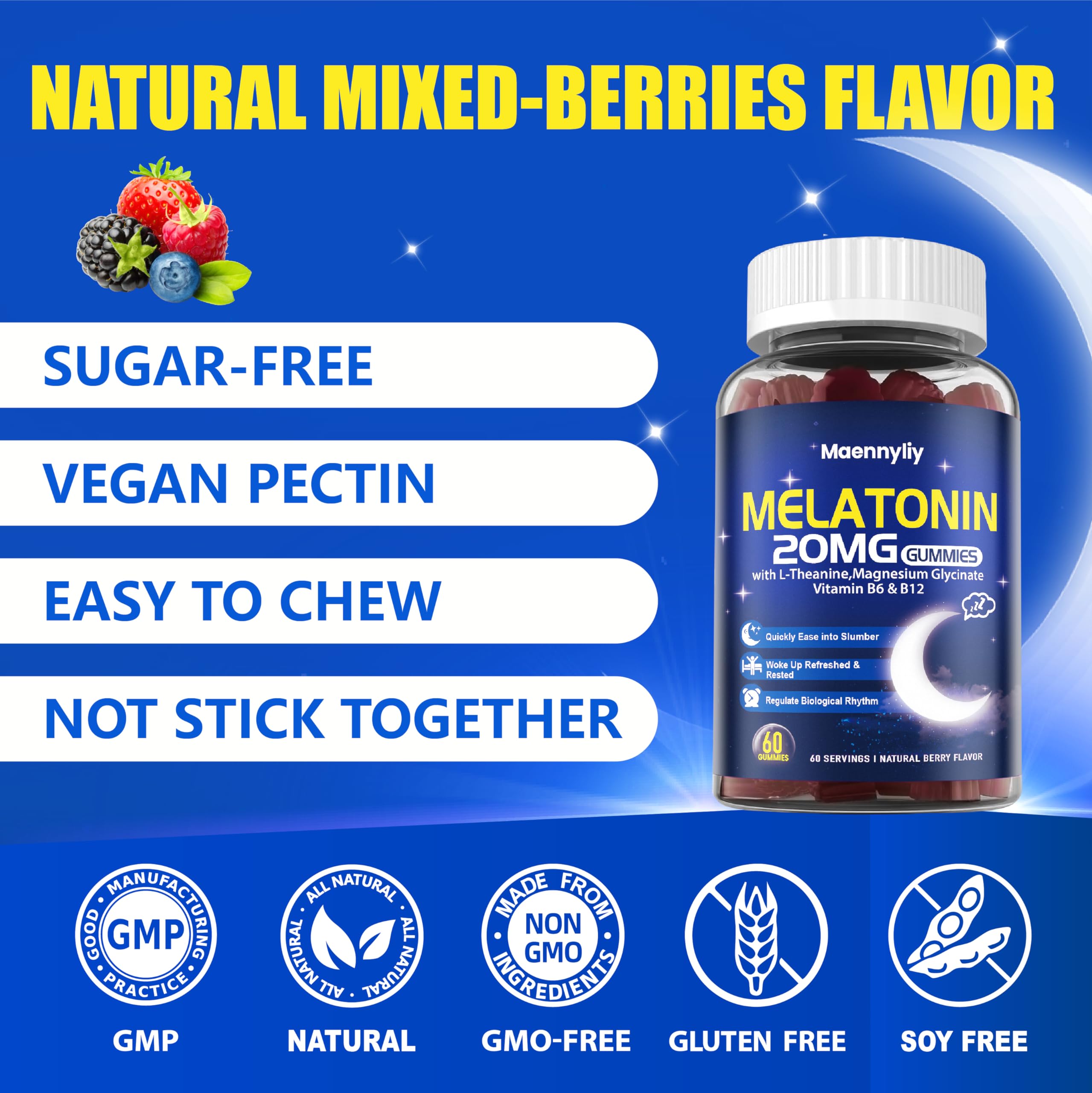Maennyliy Melatonin Gummies 20mg lifestyle shot on bedside table
