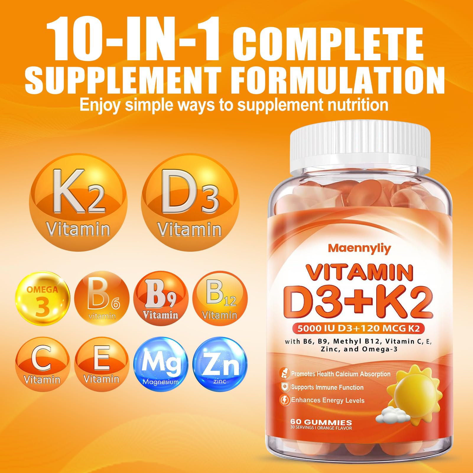 Maennyliy Vitamin D3 & K2 Gummies with natural orange flavour