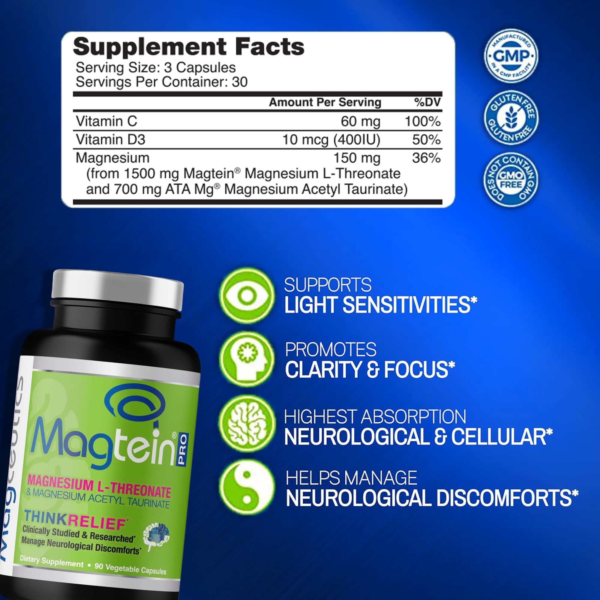 Magceutics Magnesium L Threonate & Acetyl Taurinate Capsules on a wooden table