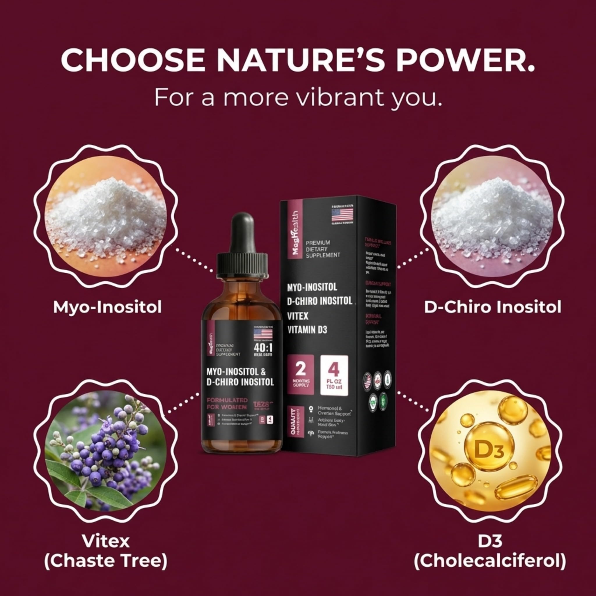MagHealth Liquid Inositol Drops bottle on a kitchen counter