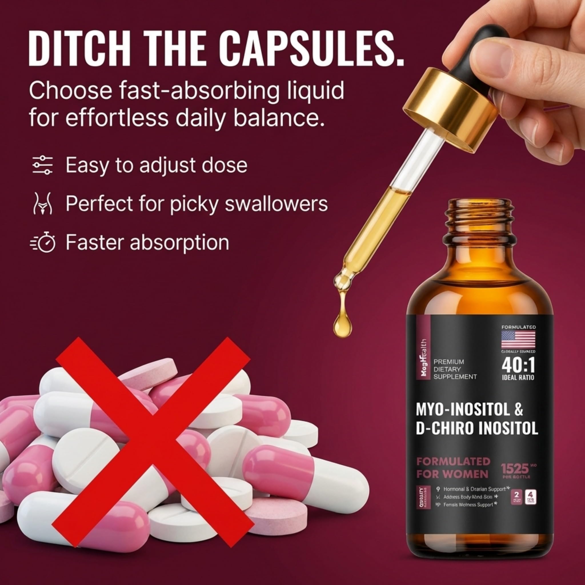 MagHealth Liquid Inositol Drops lifestyle shot with smoothie