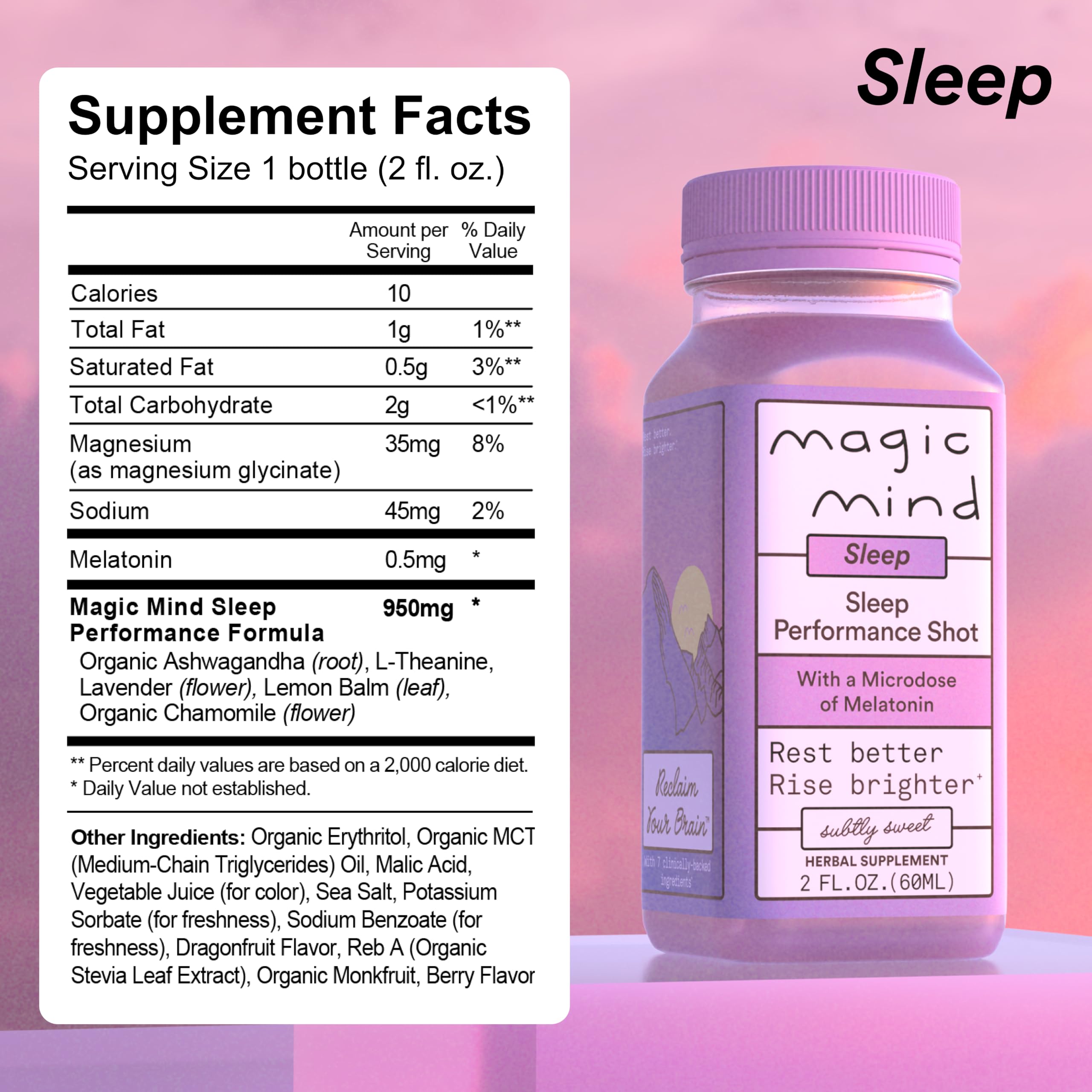 Magic Mind Sleep Shot 2oz showing nutritional information