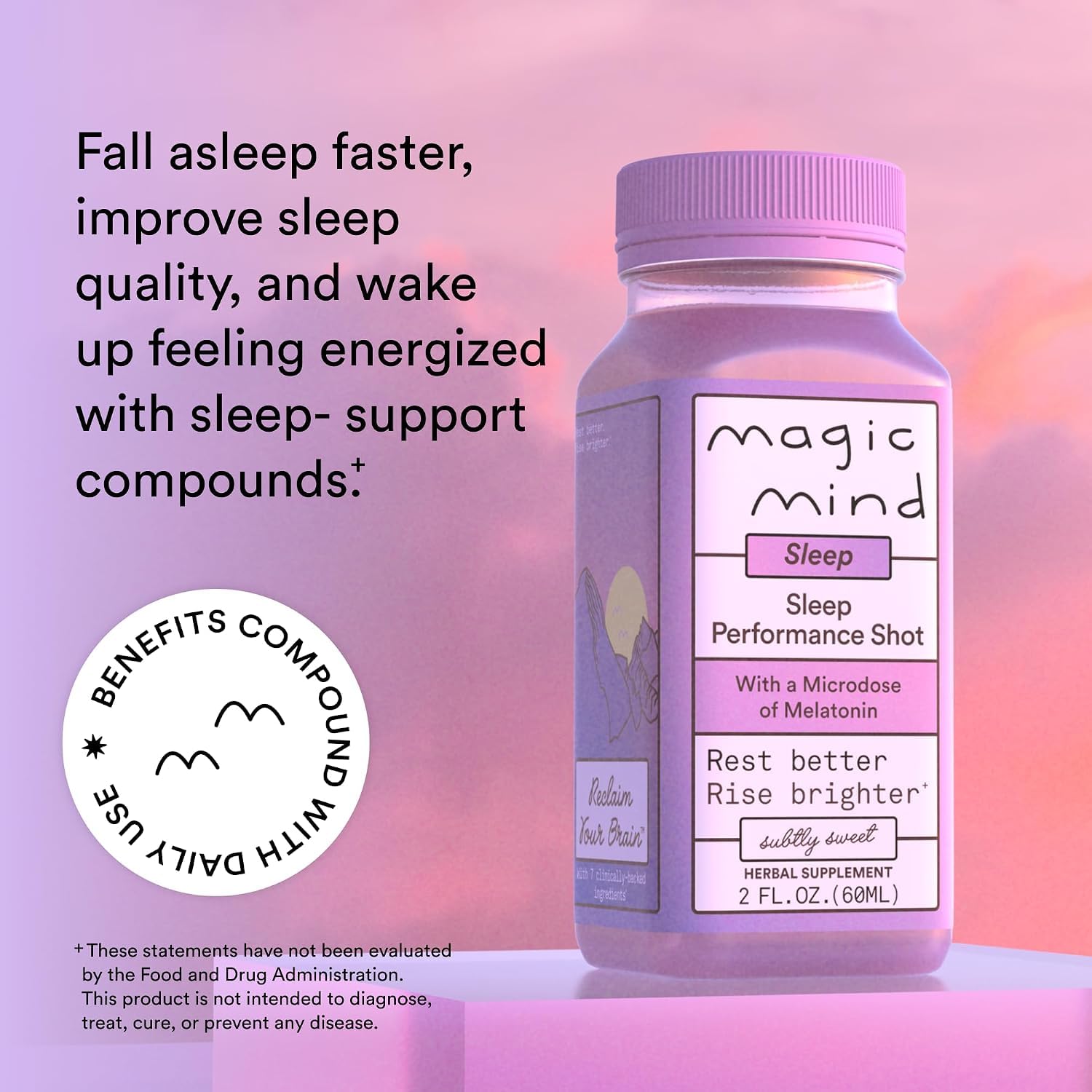 Magic Mind Sleep Shot 2oz side view showing ingredients
