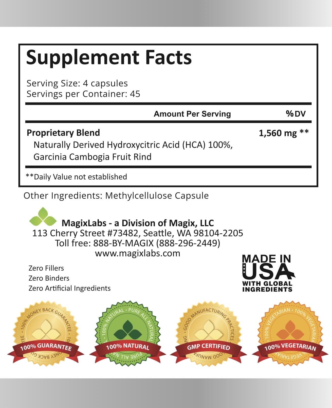 MagixLabs Garcinia Cambogia 100% HCA Extract capsule close-up
