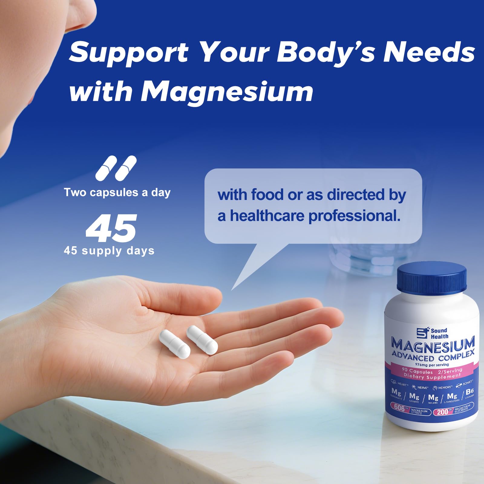 Magnesium Complex Capsules bottle with open lid