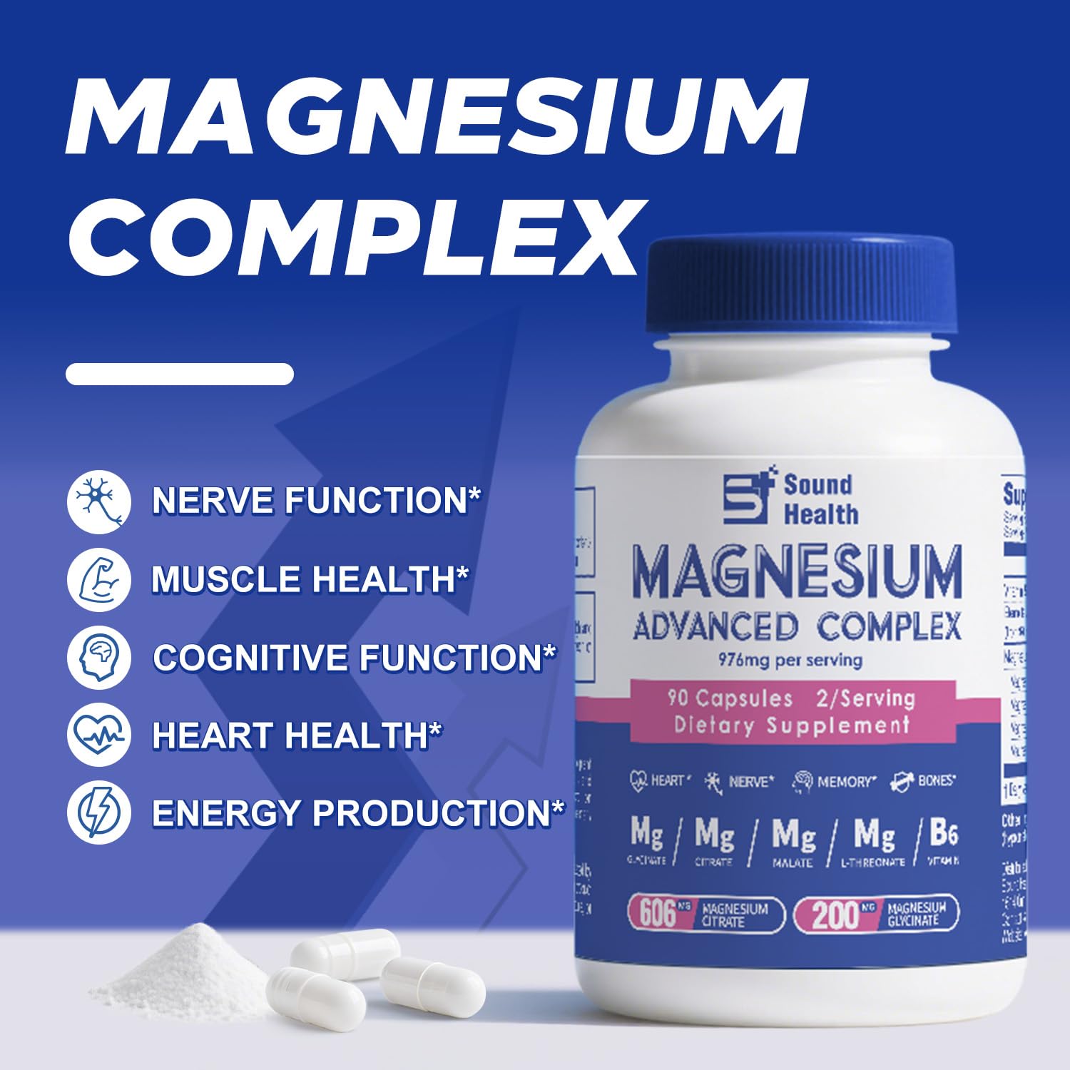 Magnesium Complex Capsules in a hand for size reference