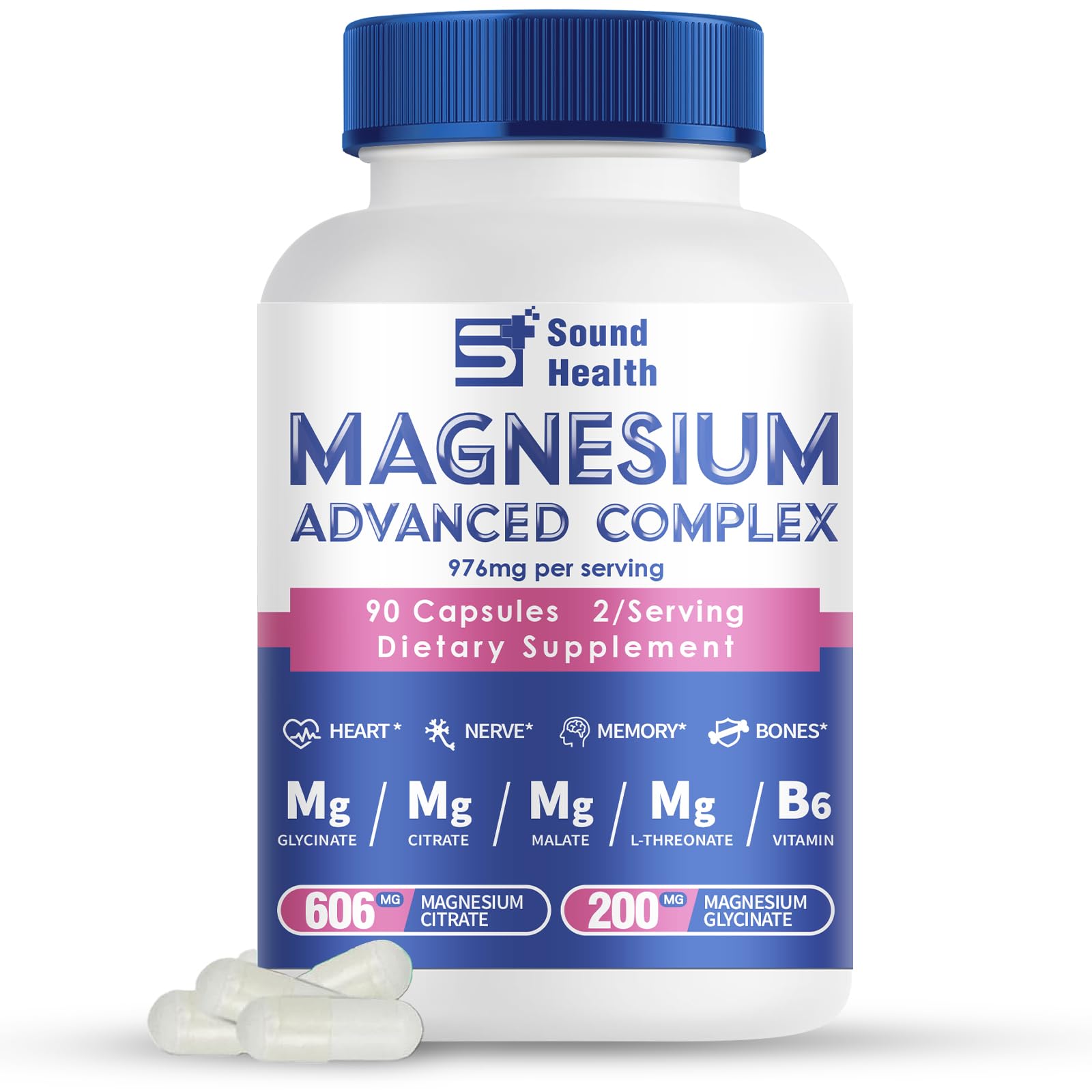 Magnesium Complex Capsules next to a glass of water