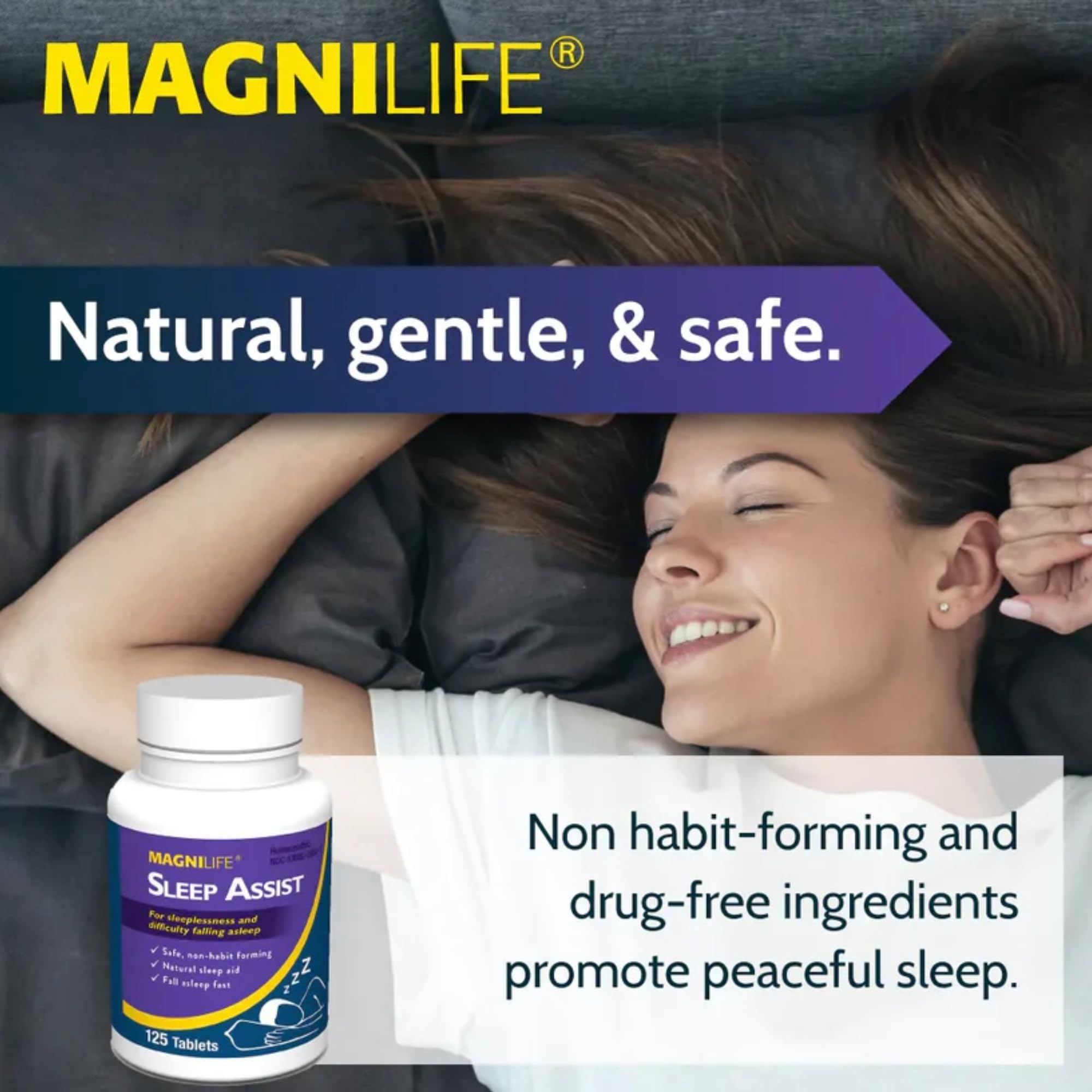 MagniLife Sleep Aid Tablets 125 Count side view showing dosage instructions