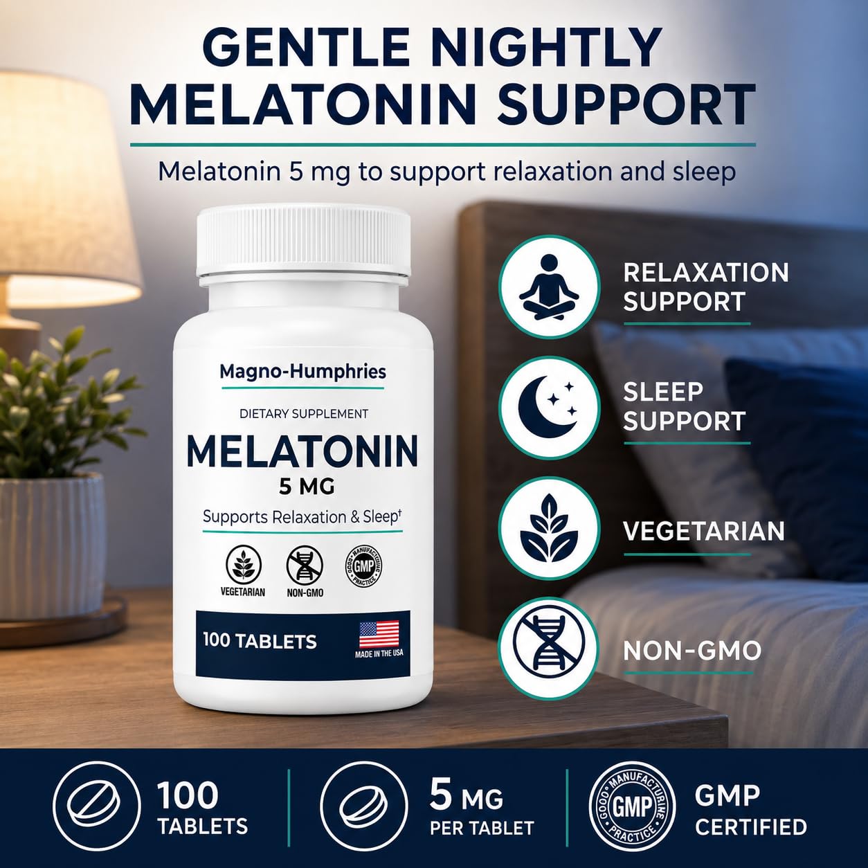 Magno-Humphries Melatonin 5 mg tablets on a wooden surface