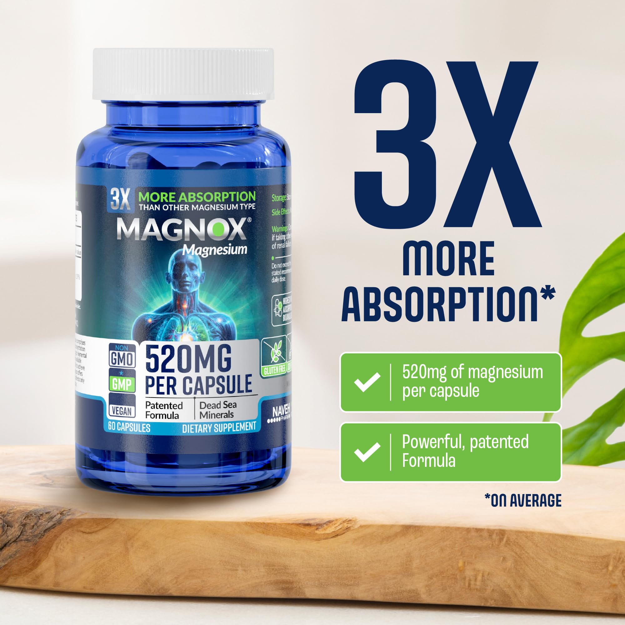 MAGNOX 520mg Magnesium Supplement back view with nutritional information