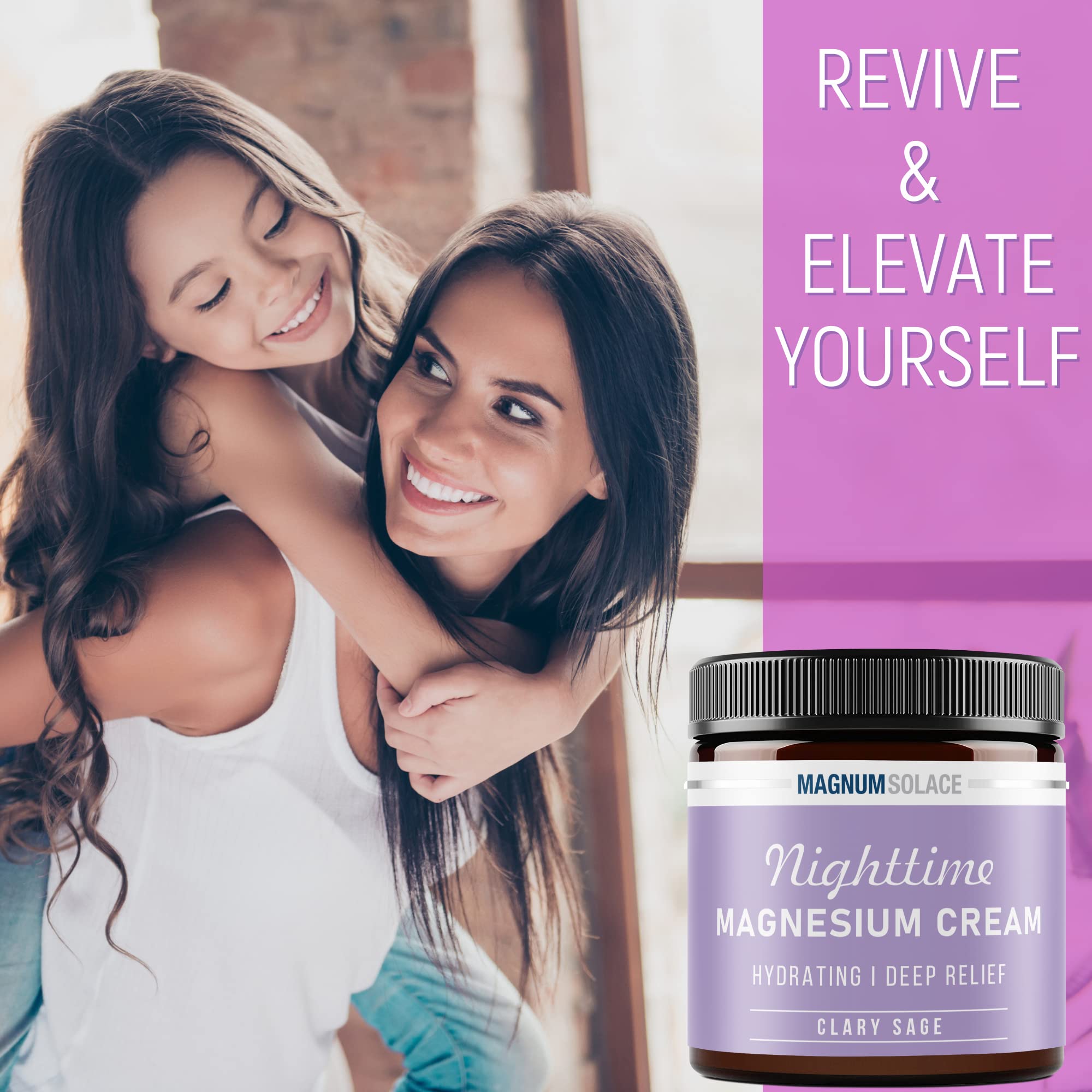 Magnum Solace Nighttime Magnesium Cream 250mg jar with lifestyle background