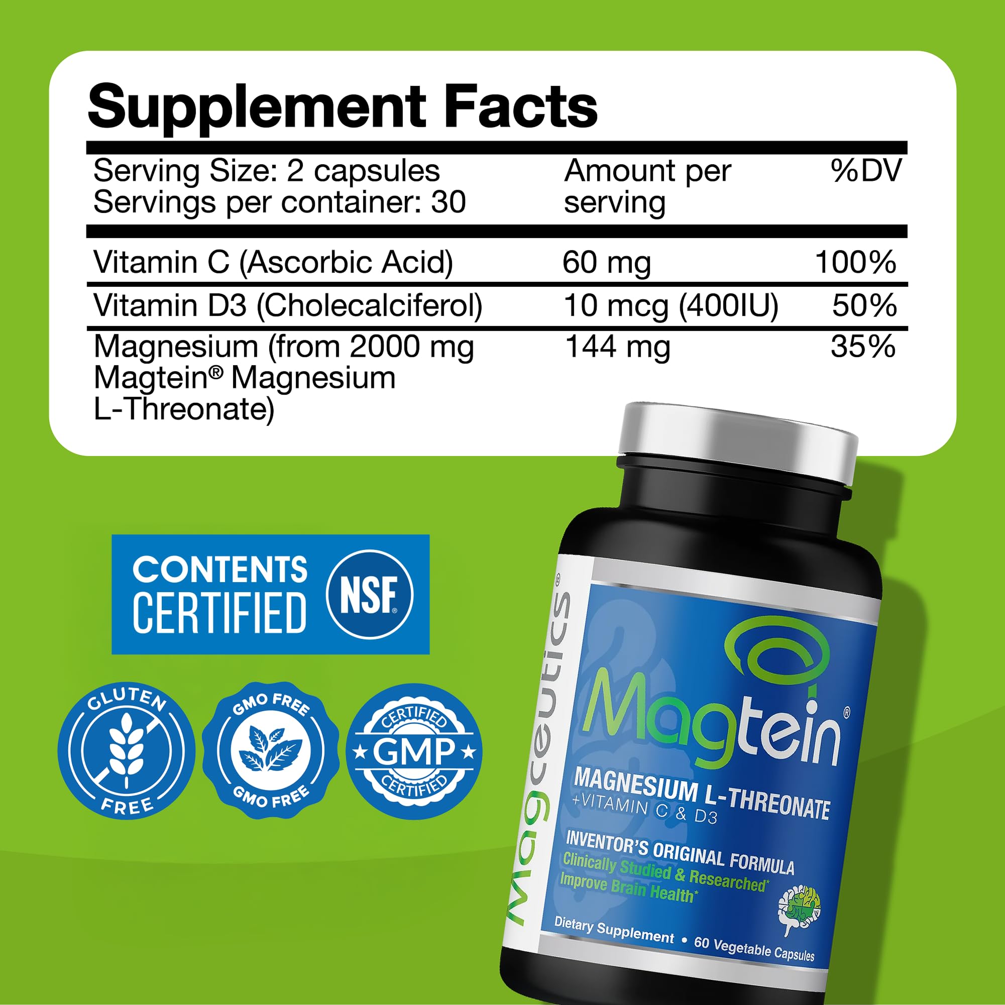 Magtein Magnesium L-Threonate Supplement packaging details