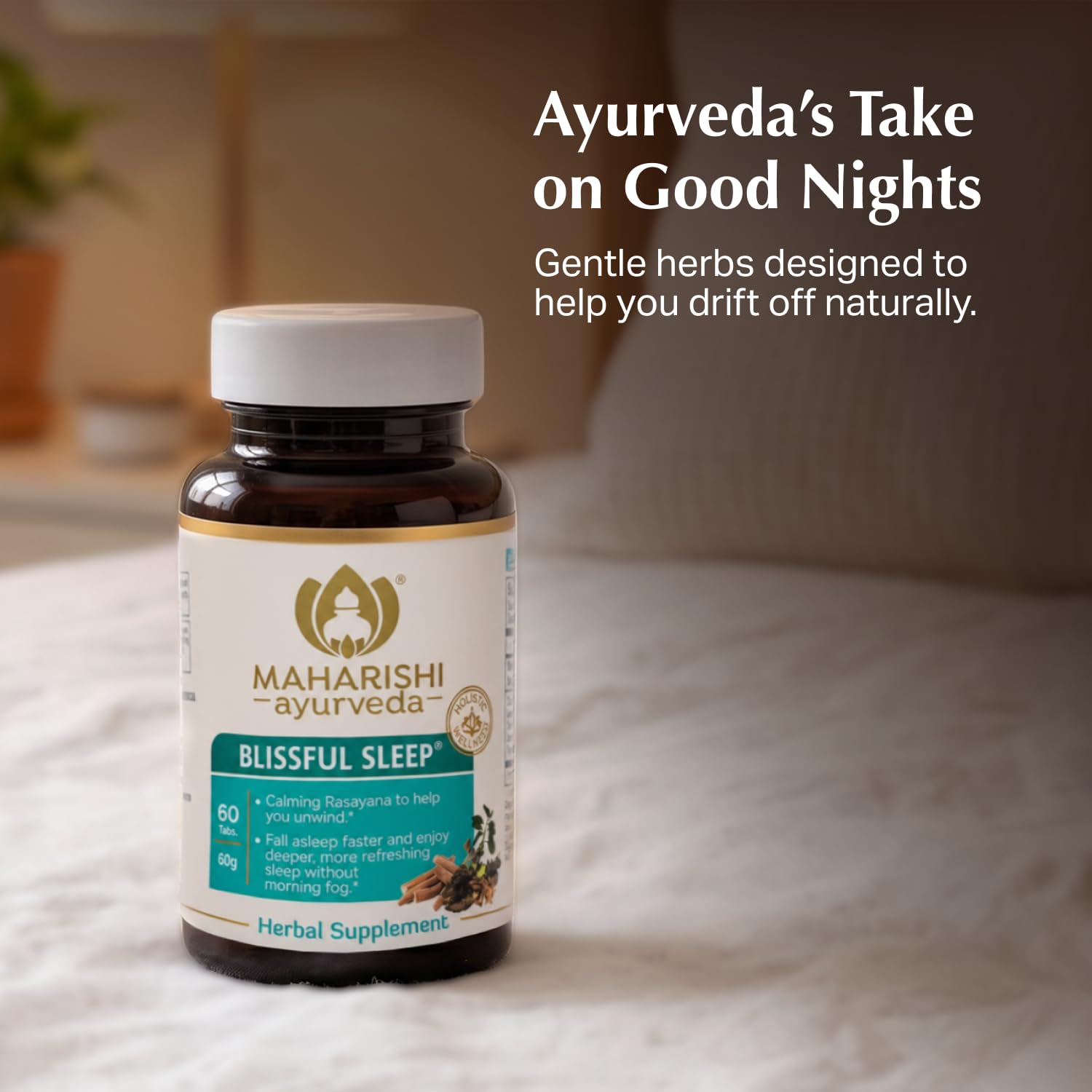 Maharishi Ayurveda Blissful Sleep® tablets on a wooden surface