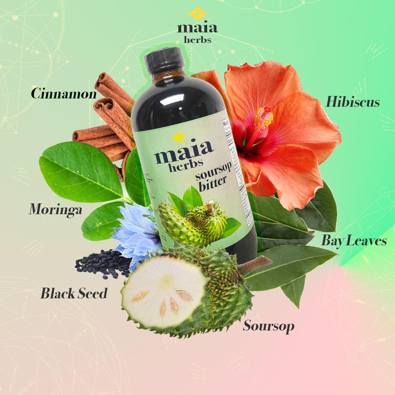 Maia Herbs Soursop Bitters Liquid 898g with ingredients displayed