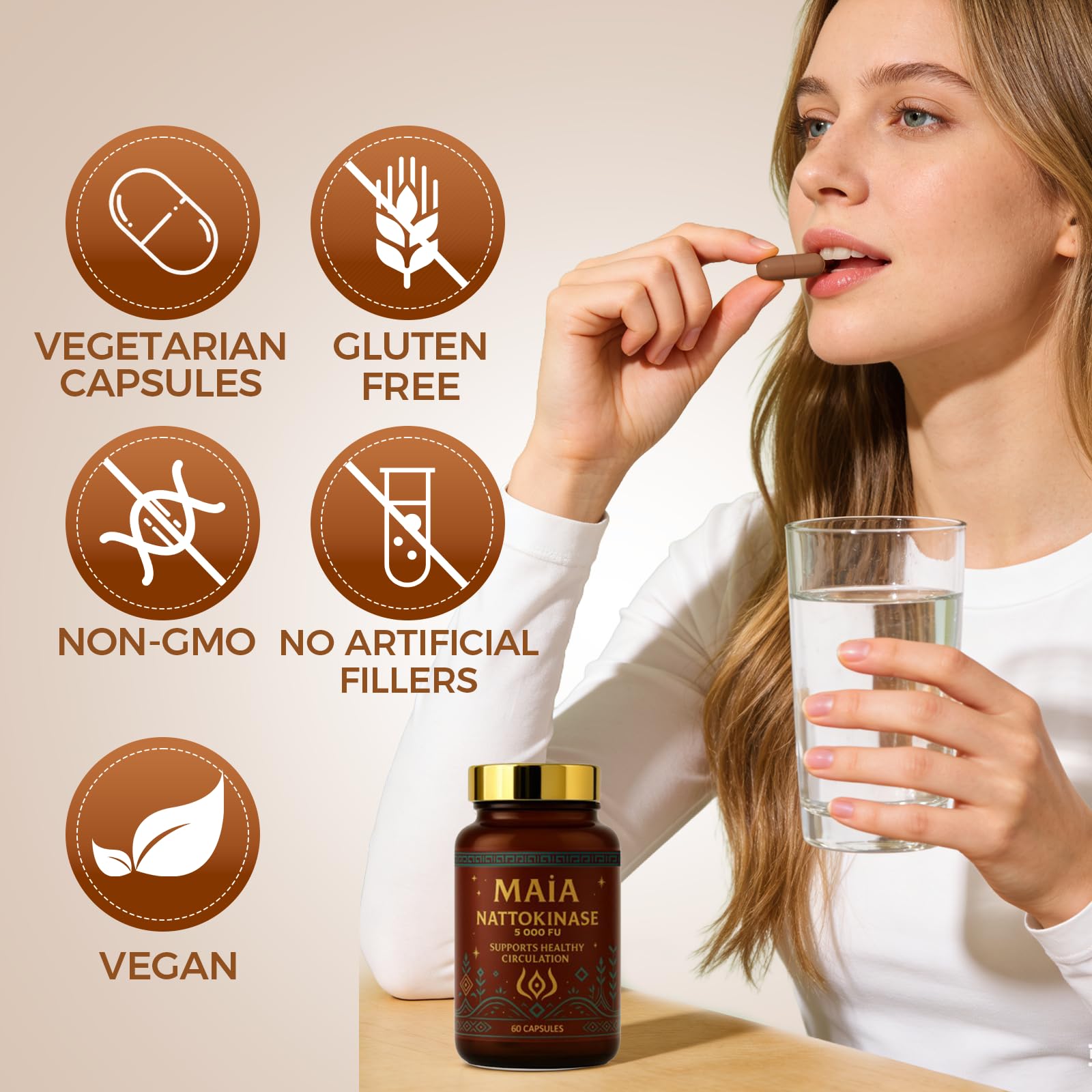 MAÏA Nattokinase 5000 Fu Enzyme Capsules with a glass of water