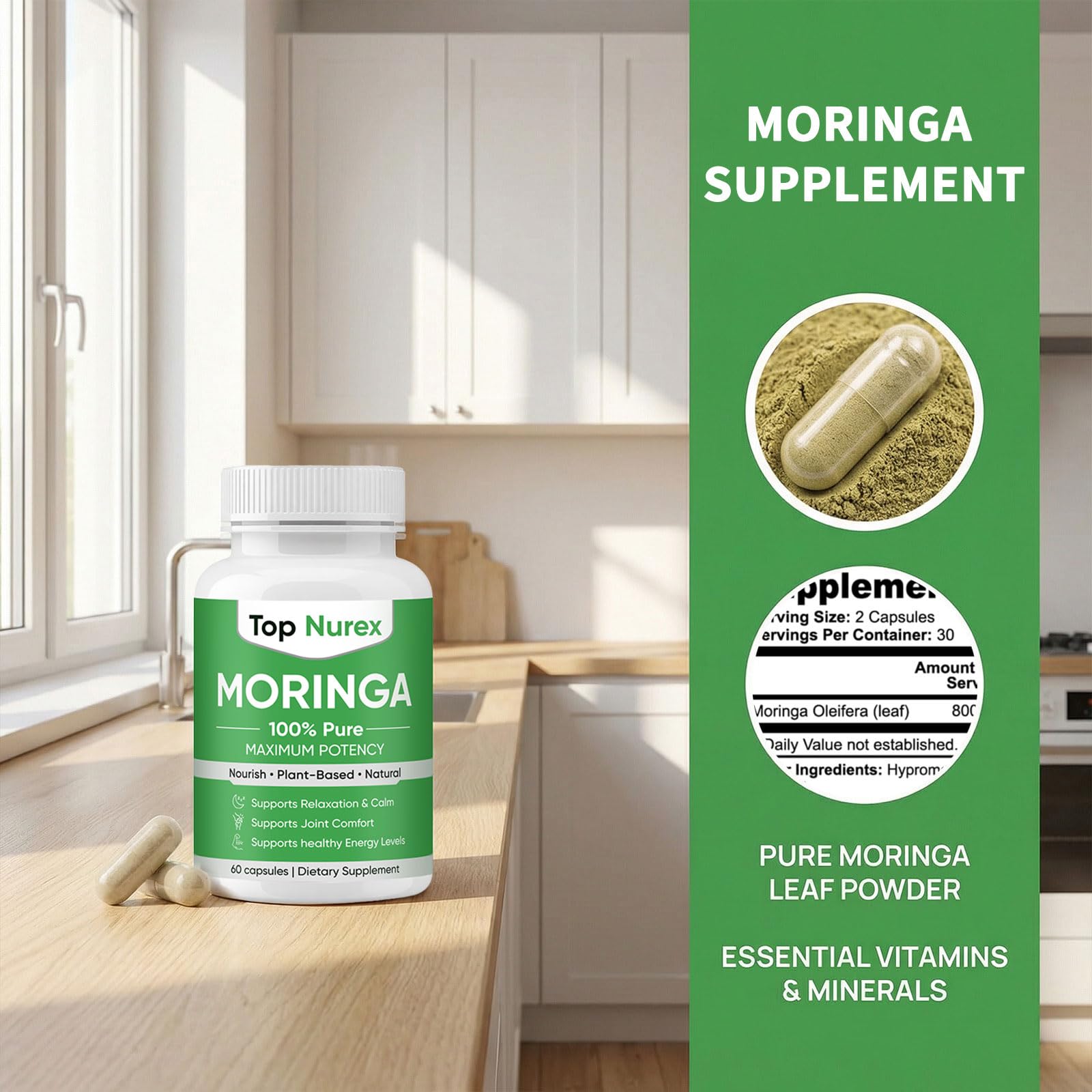 Maidlure Moringa Supplement 60g lifestyle scene with a glass of water