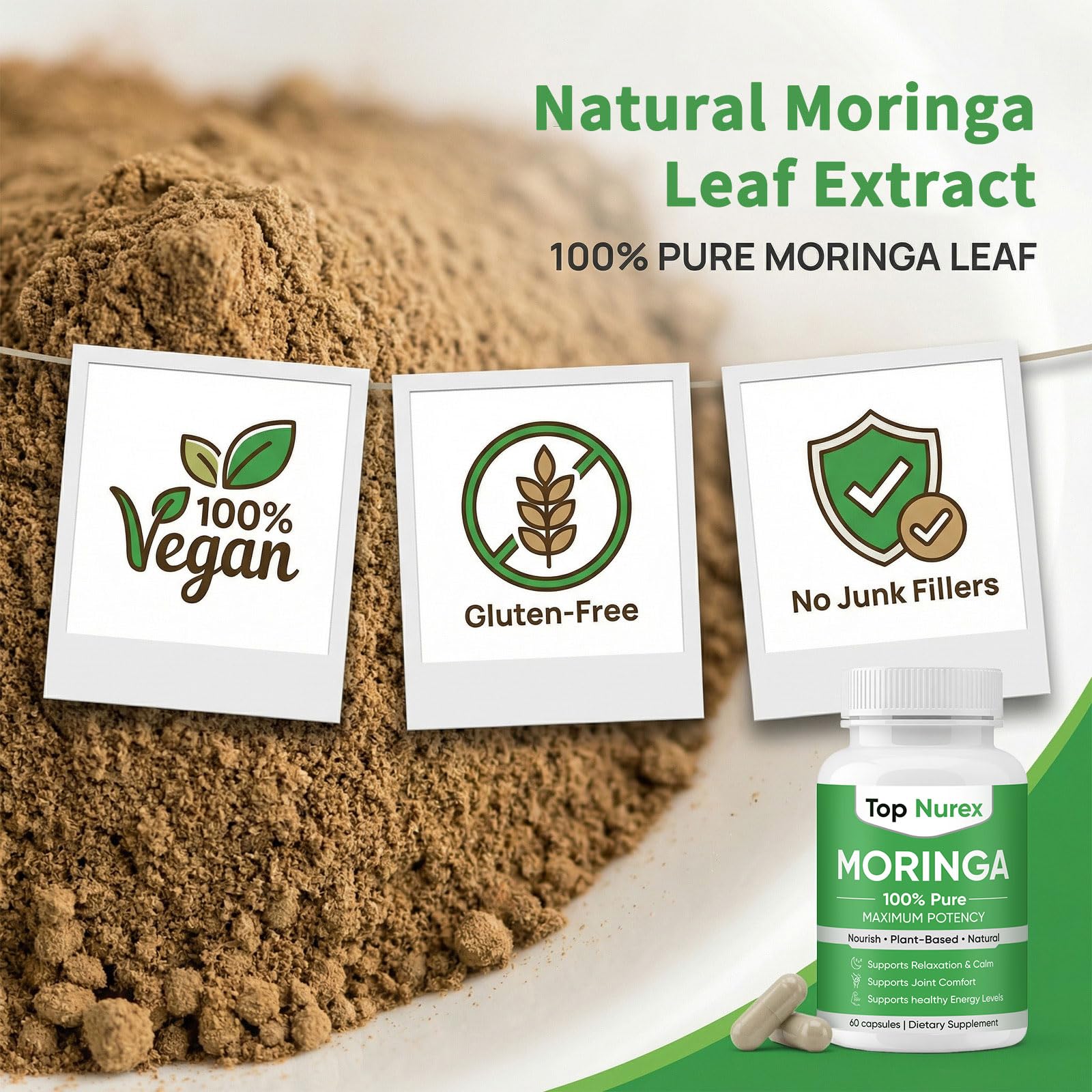 Maidlure Moringa Supplement 60g opened with capsules displayed
