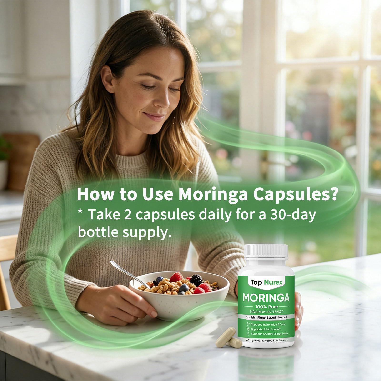 Maidlure Moringa Supplement 60g packaging on a wooden table